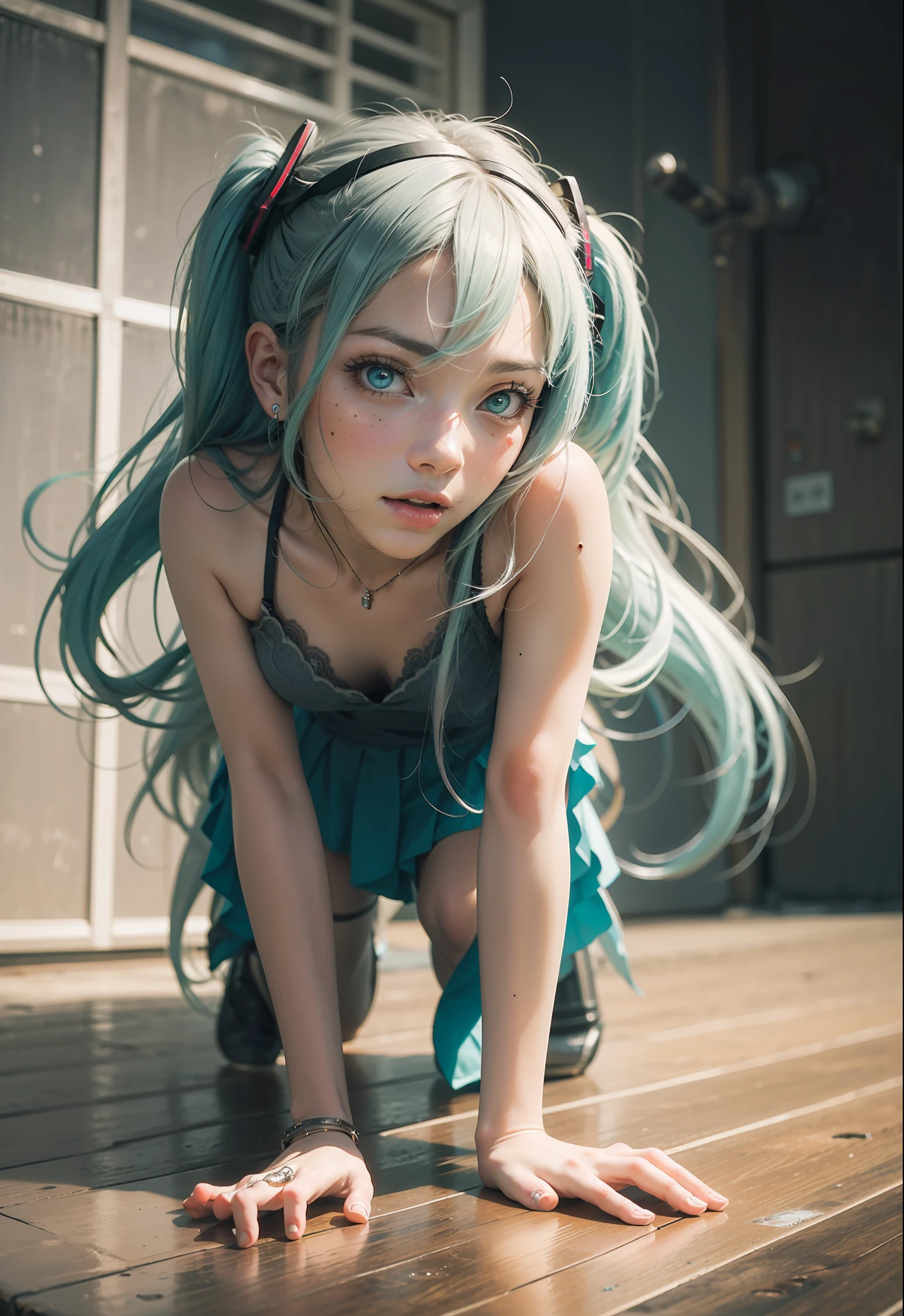 Hatsune Miku, Audience Perspective, (Ultra Realistic), (Illustration), (High Definition), (8K), (High Detail), (Best Illustration), (Beautiful Detail Eye), (Best Quality), (Super Detail), (Masteri,), (Wallpaper), (Detail Face), One Girl, Aristocratic Dress, Gray Hair, Iris Heterochromatic Eyes, Small Moles Under the Eyes, Middle Chest, Long Legs, Beautiful and Detailed Legs, Crawling on All Fours