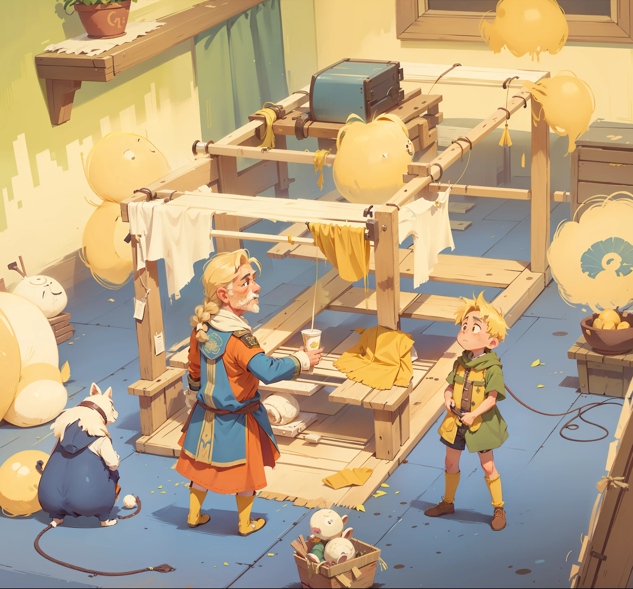 In front of the loom, a middle-aged yellow-haired servant, a middle-aged male guard with long brown hair, the emperor's new clothes