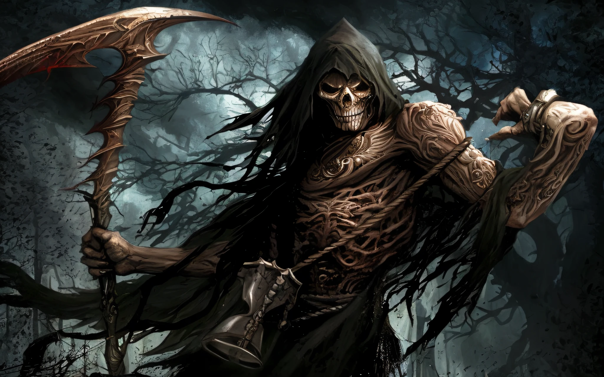 arafed grim with a scyther in a dark forest, dark fantasy horror art, horror fantasy art, fantasy horror art, dark fantasy art, dark fantasy artwork, dark fantasy style art, fantasy dark art, in style of dark fantasy art, the harbringer of death, highly detailed dark art, beautiful male god of death, dark fantasy digital art, grim reaper
