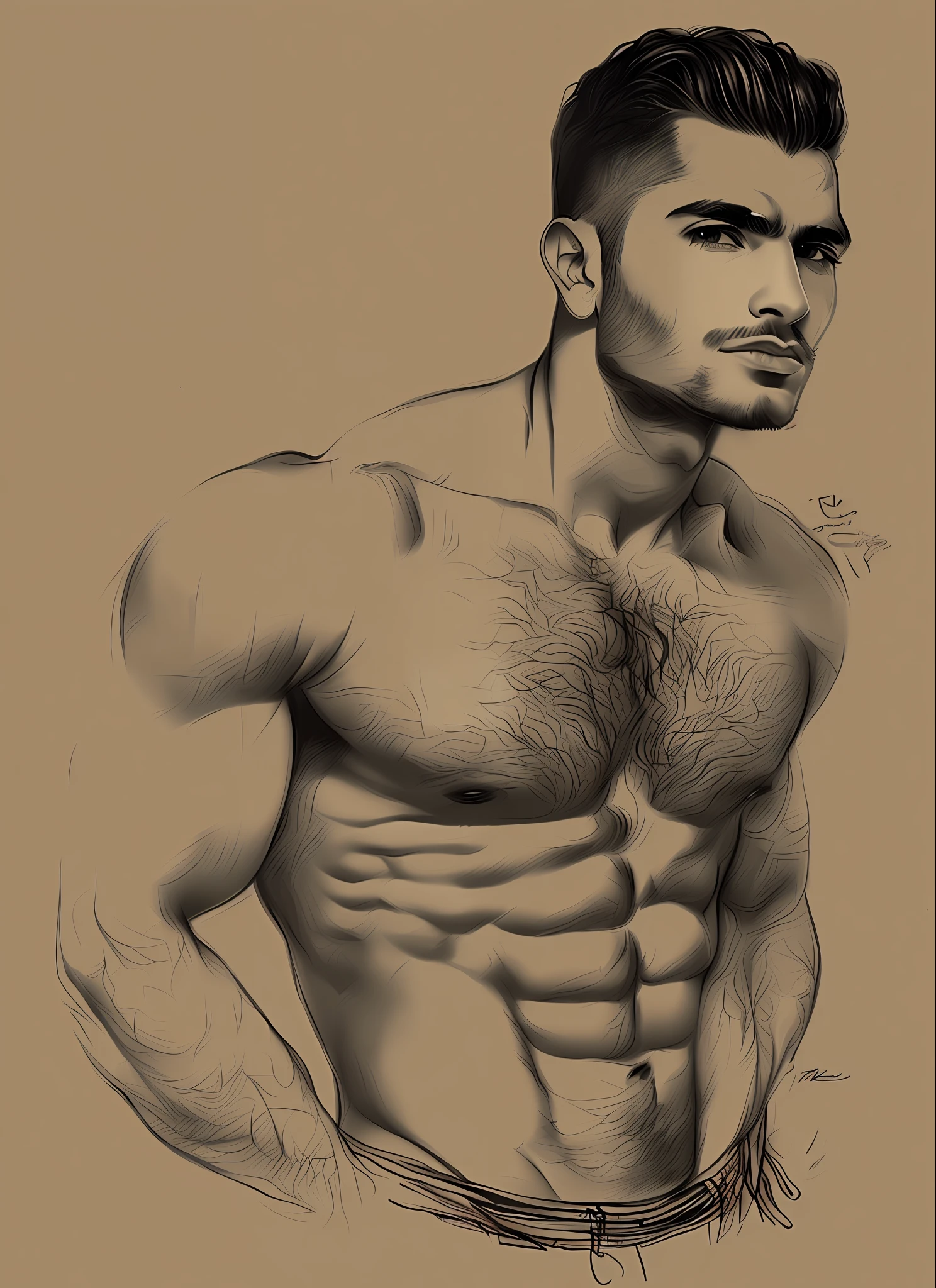 modelshoot style Charlie Bowater realistic Lithography sketch full body of a very handsome 23 year old shirtless arabic muscular man man with a double cleft chin and toseled hair,  old paper texture, highly detailed