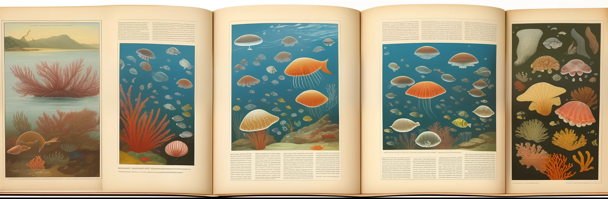 Early 20th century, plate painting, illustrated book of marine life, jellyfish, anemones, shrimp, marine fish, corals, sea cucumbers, low saturation