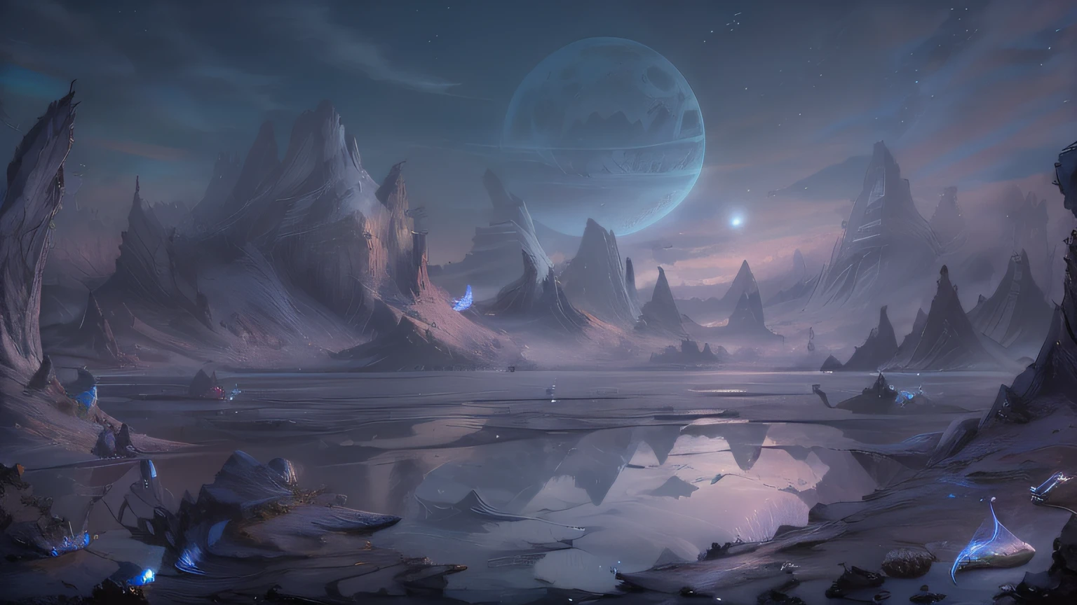 (enlarged: 1.1), mountains and a lake with a moon in the sky, 4k highly detailed digital art, 4k hd very detailed wallpaper, stunning fantasy landscape, sci-fi fantasy desktop wallpaper, unreal engine 4k wallpaper, 4k detailed digital art, sci-fi fantasy wallpaper, epic dreamlike fantasy landscape, 4k hd matte digital painting, 8k stunning art