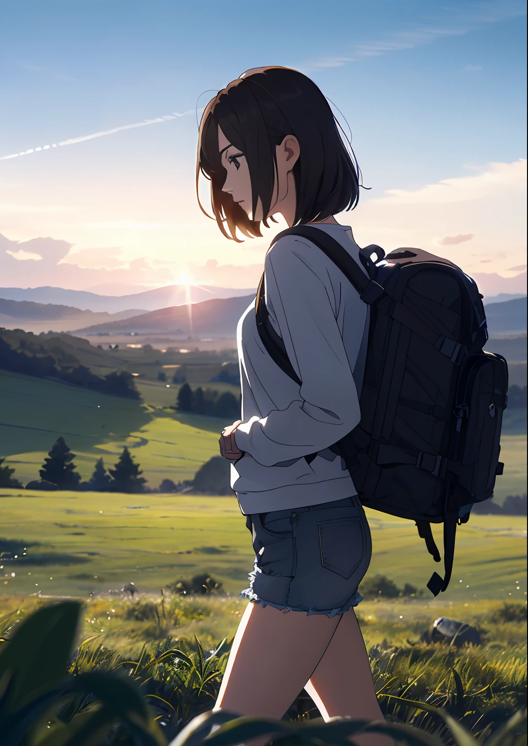 (beautiful and magnificent skyline, majestic sky), (extremely tense and dramatic pictures, moving visual effects), (high hanging Polaris, colorful natural light), (1girl), (long-sleeved top, denim shorts, carrying a backpack), (dynamic pose:1.3, black eyes, black hime-cut hair, sparkling girl)[:0.8], (large grassland), (oncoming breeze), (brown hair and background Coordination effect: 1.2), (close shot, long shot mix and match)[::0.9]