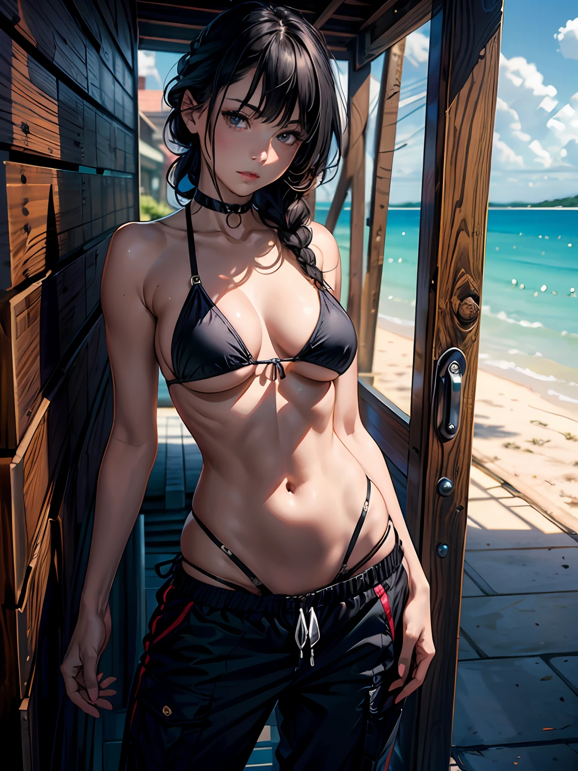 (masterpiece, best quality), 1girl, (seductive smirk:0.75), upper body, looking at viewer, side tied bikini top, ((pubis, groin, crotch)), braid, (((pants pull))), choker, black hair, wide hips,