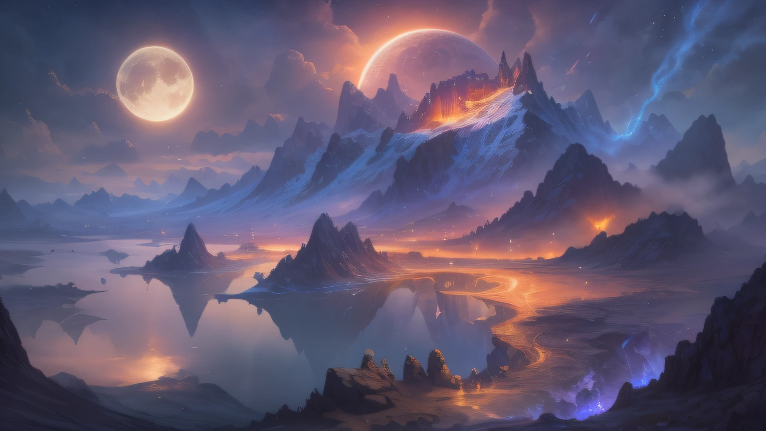 (enlarged: 1.1), mountains and a lake with a moon in the sky, 4k highly detailed digital art, 4k hd very detailed wallpaper, stunning fantasy landscape, sci-fi fantasy desktop wallpaper, unreal engine 4k wallpaper, 4k detailed digital art, sci-fi fantasy wallpaper, epic dreamlike fantasy landscape, 4k hd matte digital painting, 8k stunning art