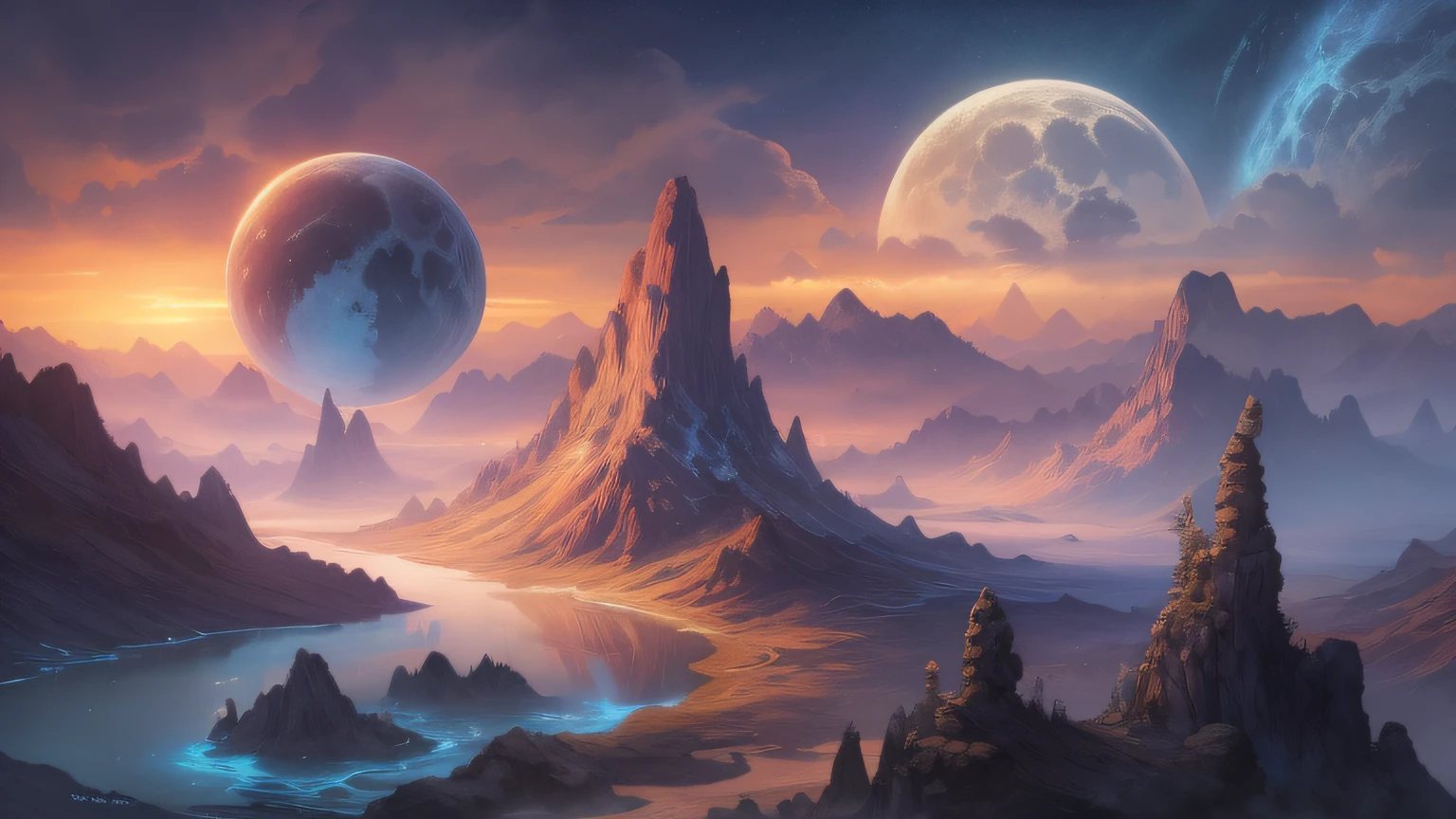 (enlarged: 1.1), mountains and a lake with a moon in the sky, 4k highly detailed digital art, 4k hd very detailed wallpaper, stunning fantasy landscape, sci-fi fantasy desktop wallpaper, unreal engine 4k wallpaper, 4k detailed digital art, sci-fi fantasy wallpaper, epic dreamlike fantasy landscape, 4k hd matte digital painting, 8k stunning art