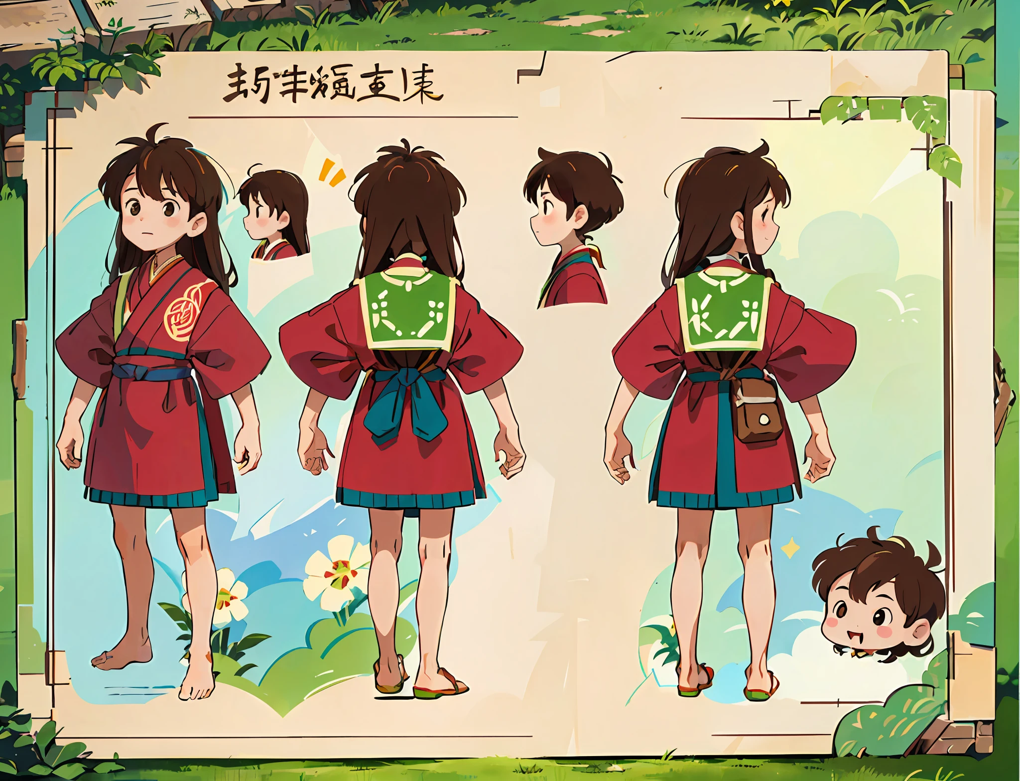 (full body) (same character front, back, side view) (model sheet) (multiple views of the same character) young boy with (very long brown hair 0.5), fantasy tribal clothing, no shoes. Same character front, side, back view. Japanese tribe clothes