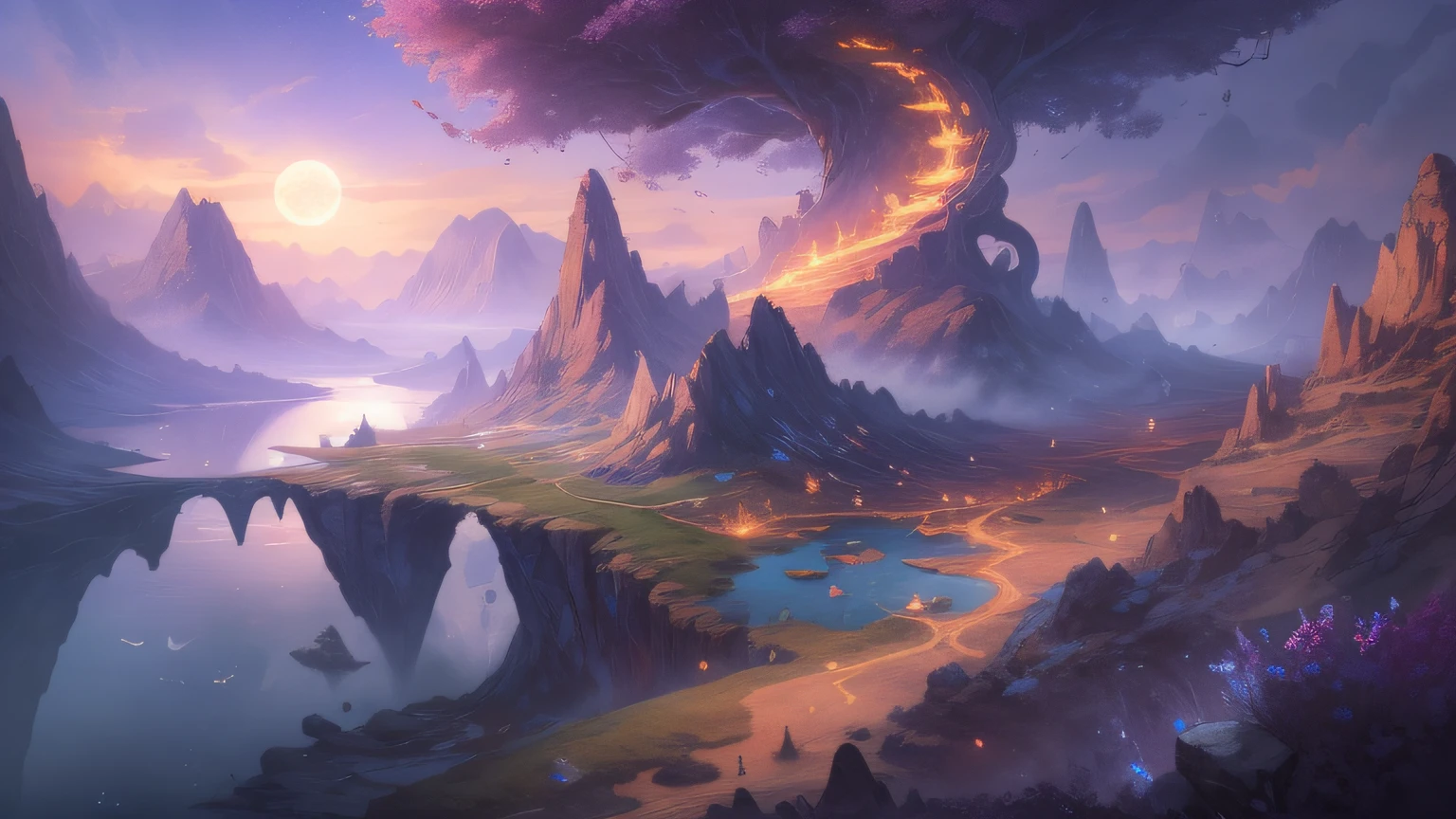 (enlarged: 1.1), mountains and a lake with a moon in the sky, 4k highly detailed digital art, 4k hd very detailed wallpaper, stunning fantasy landscape, sci-fi fantasy desktop wallpaper, unreal engine 4k wallpaper, 4k detailed digital art, sci-fi fantasy wallpaper, epic dreamlike fantasy landscape, 4k hd matte digital painting, 8k stunning art