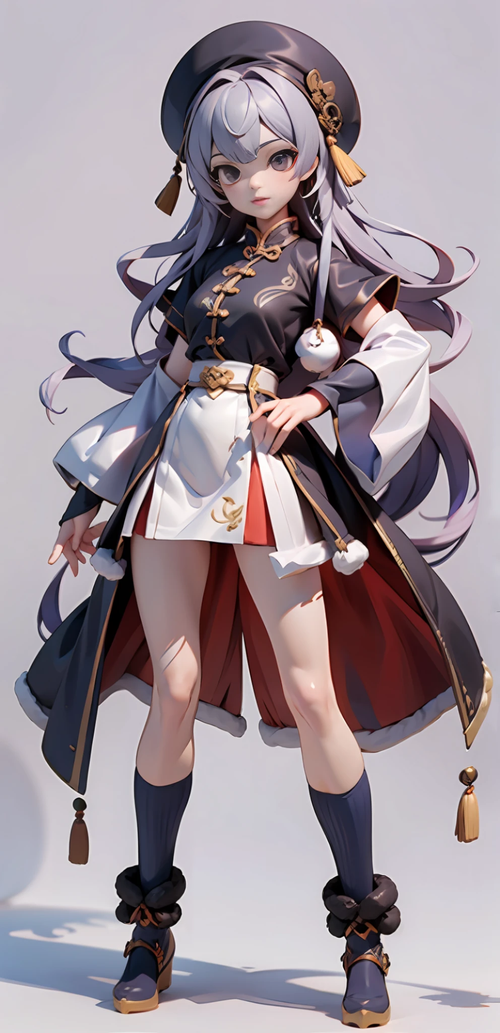 5 heads, game characters, vertical painting, cute, ((full body)), farsightedness, 1girl, a female ghost wearing a skull hat, holding a weapon in her hand, purple main color, contour light, top light, long hair, gray hair, Chinese kung fu suit, ancient Chinese, white background, purple light, loose hair, more details, reasonable light and shadow, short skirt, short sleeves, belt, fur hat, fur, abs