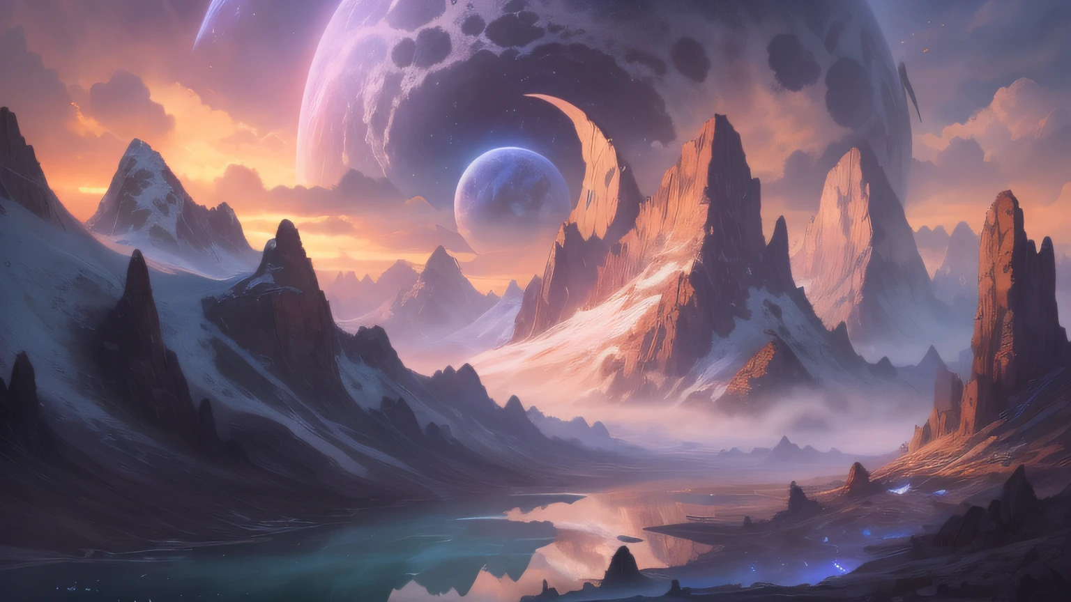 (enlarged: 1.1), mountains and a lake with a moon in the sky, 4k highly detailed digital art, 4k hd very detailed wallpaper, stunning fantasy landscape, sci-fi fantasy desktop wallpaper, unreal engine 4k wallpaper, 4k detailed digital art, sci-fi fantasy wallpaper, epic dreamlike fantasy landscape, 4k hd matte digital painting, 8k stunning art