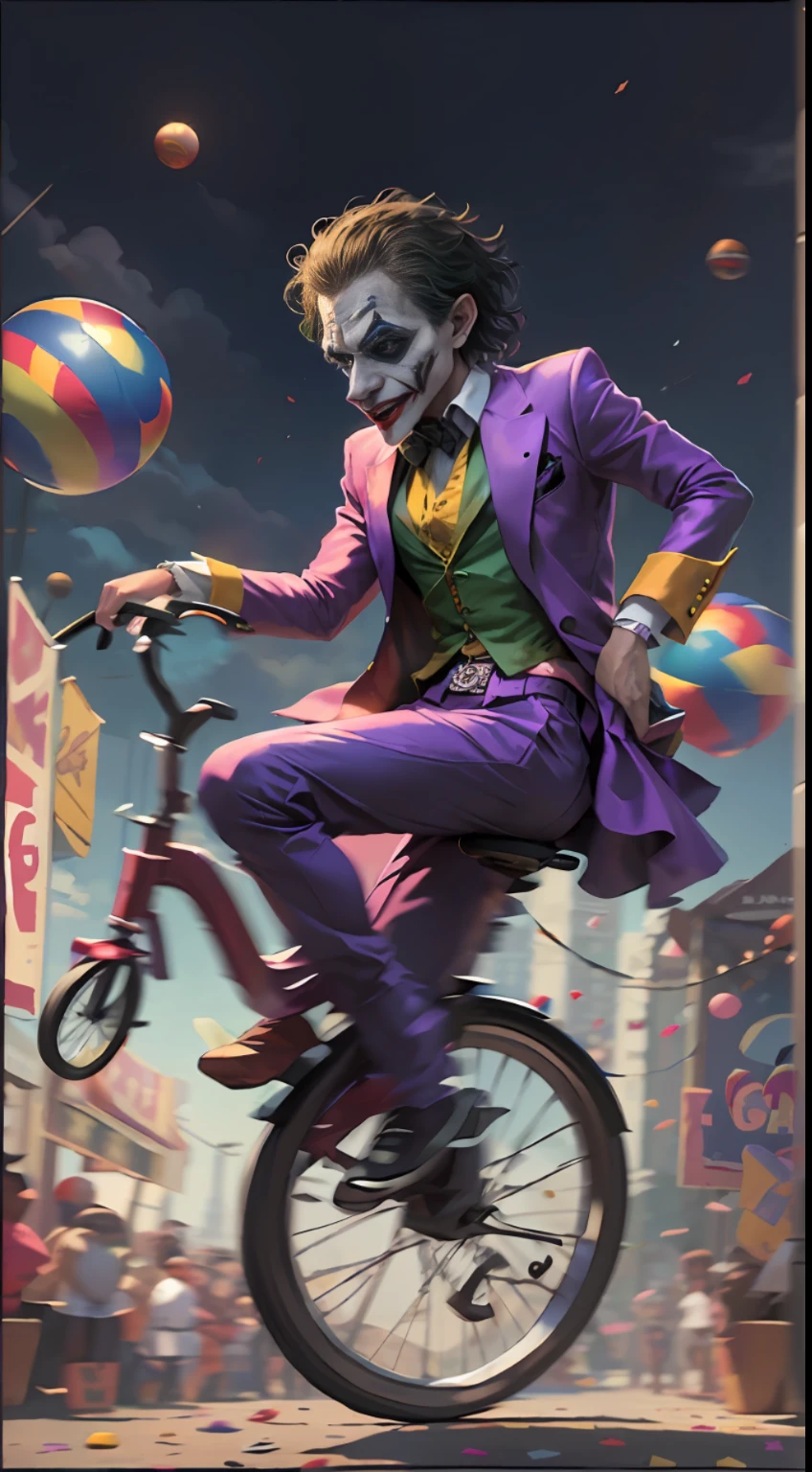 "The Joker on a unicycle, dressed in full costume, juggling colorful balls at the carnival"