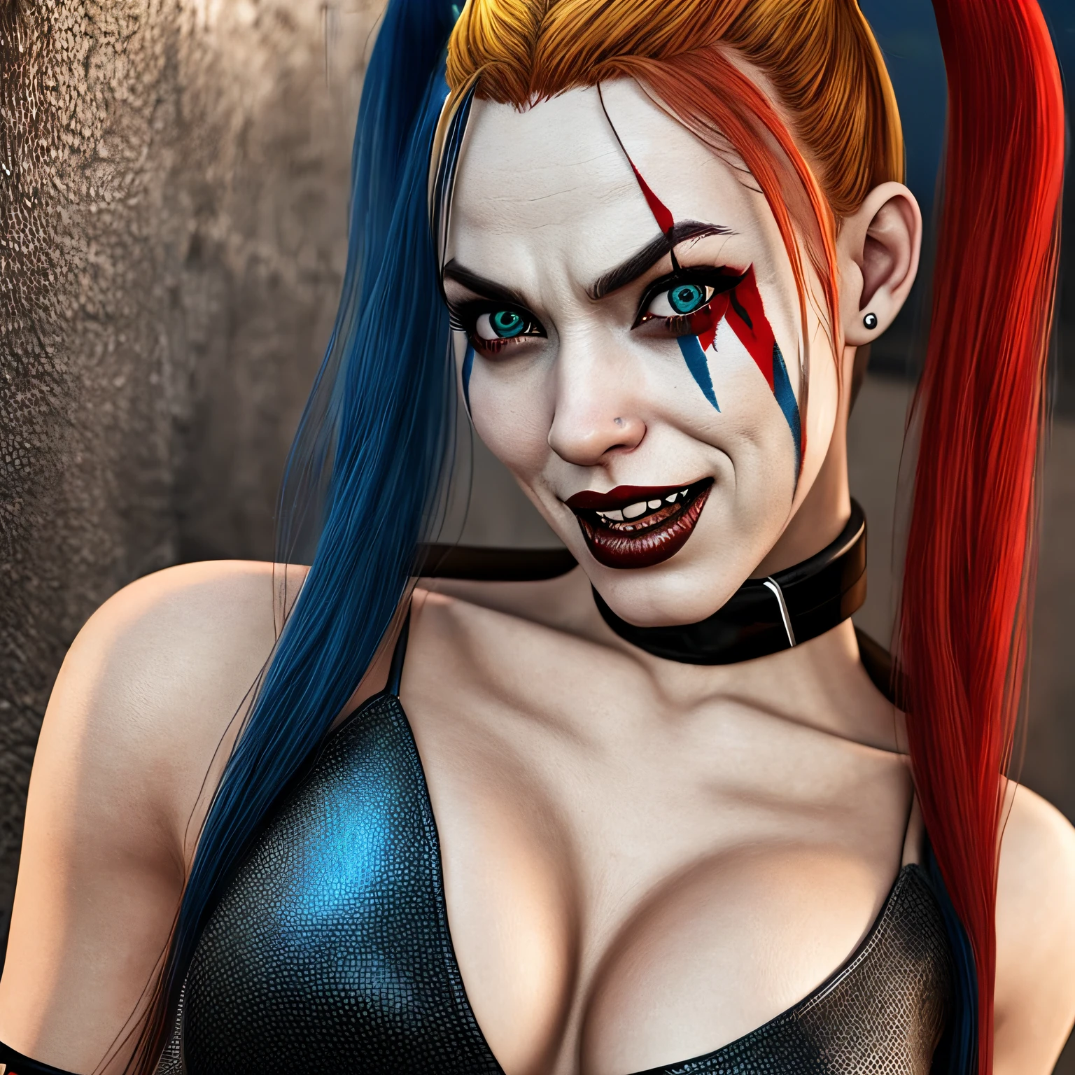 Harley Quinn gril, crazy look, bublley, ultra realistic --auto