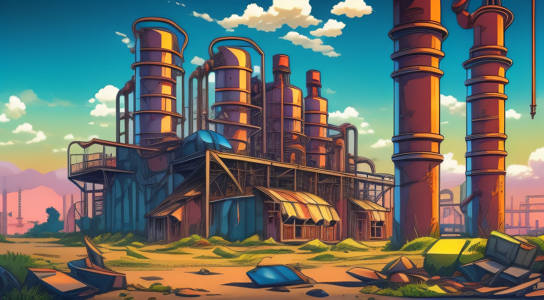 ("outside,(ultra detailed) abandoned factory (Buildings, Chimneys and pipes), desertic and old site, colorful anime style, "Arcane" style)