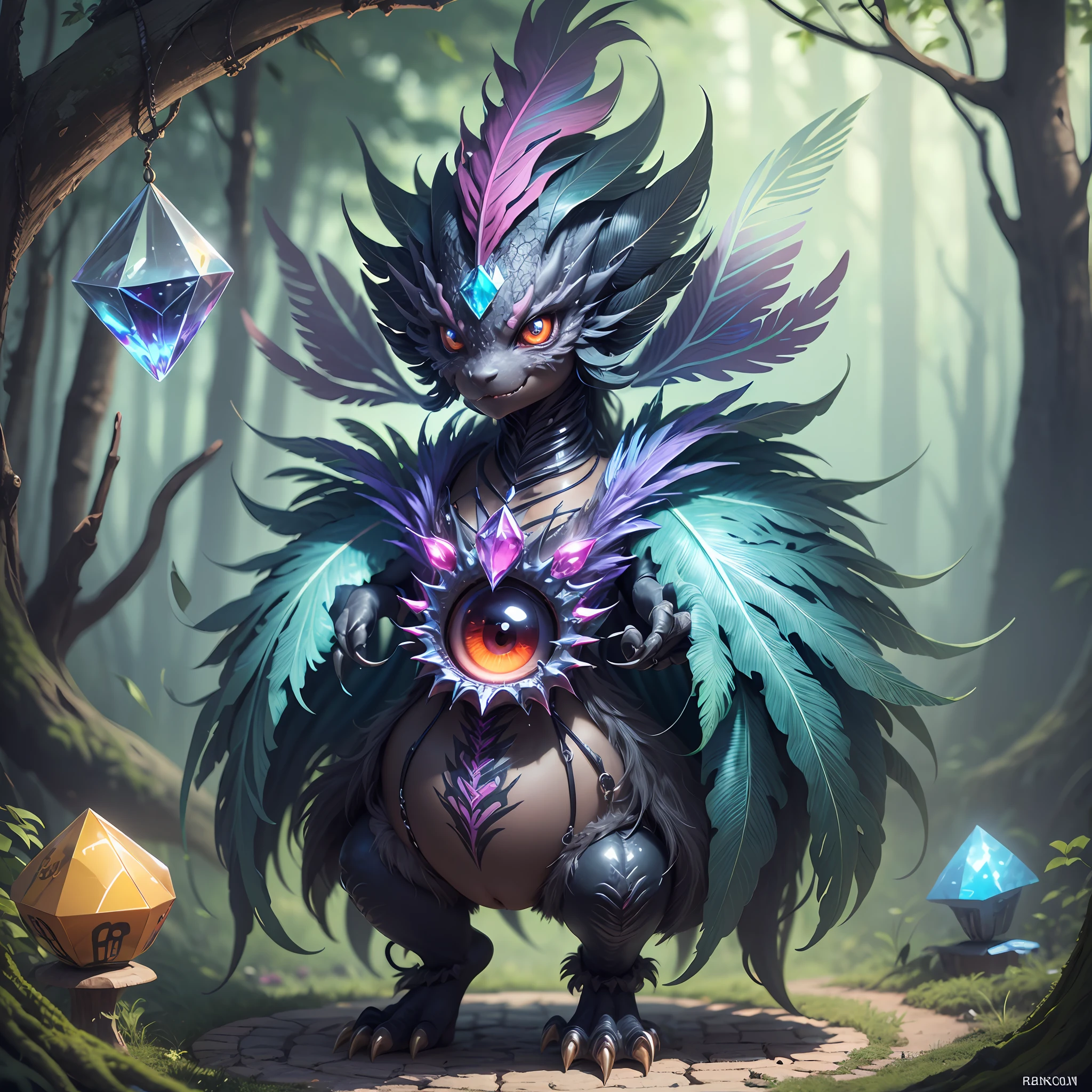 ((4 eyes kokkoni cute (very tiny monster) have rainbow colorful body, claws hands,leather feather skin): add crystal gem,cube,mushrooms,chaos,yin yang, magical ),(super cute effect),(chibi),(3m sticker collection:1.0),lay in the forest, (hip hop freestyle),(random zodiac).(185m.m), high resolution,(3d toy),full hd, uhd, 8k, intricate details ,high images quality --auto --s2