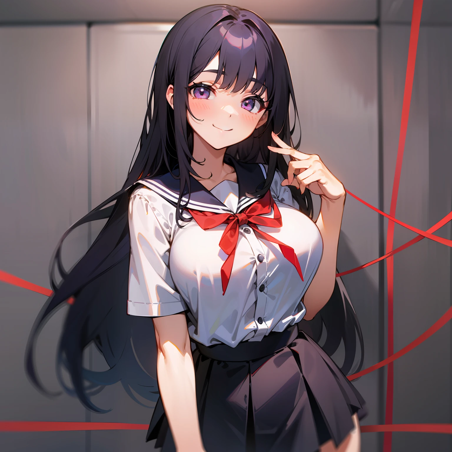 1girl, long black hair, slightly dark purpleish hair color, white short-sleeved shirt, red string ribbon, dark blue mini skirt, smile, big breasts, embarrassing, background is school, high school student, body type is s a little fat, height is 170 cm