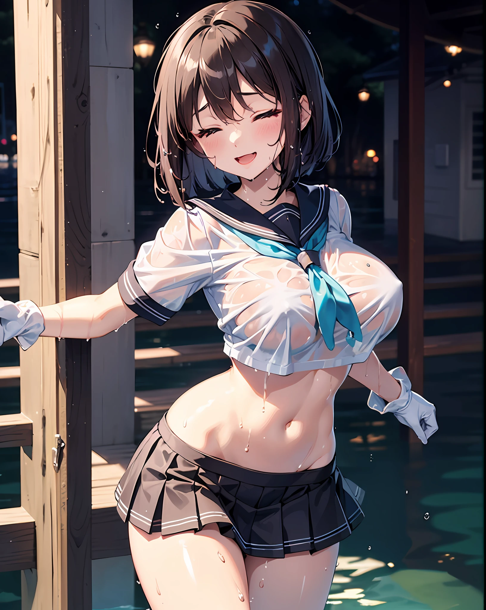 1young_teen_The girls、Loli、brown_hair、medium_bob_hair、blue_midriff_baring_sailor_uniform、mini_skirt、short_sleeve、thickthighs、big_tits,closed_eyes, Sorrisos、open_mouth、dynamic_pose_standing ,harbor,dock_background、spread_legs、happiness、NSFW、short_gloves, (wet:1.4),transparent,covered_nipples, covered_crotch, under_tits, sweat, bare_thighs, (groin:1.5),