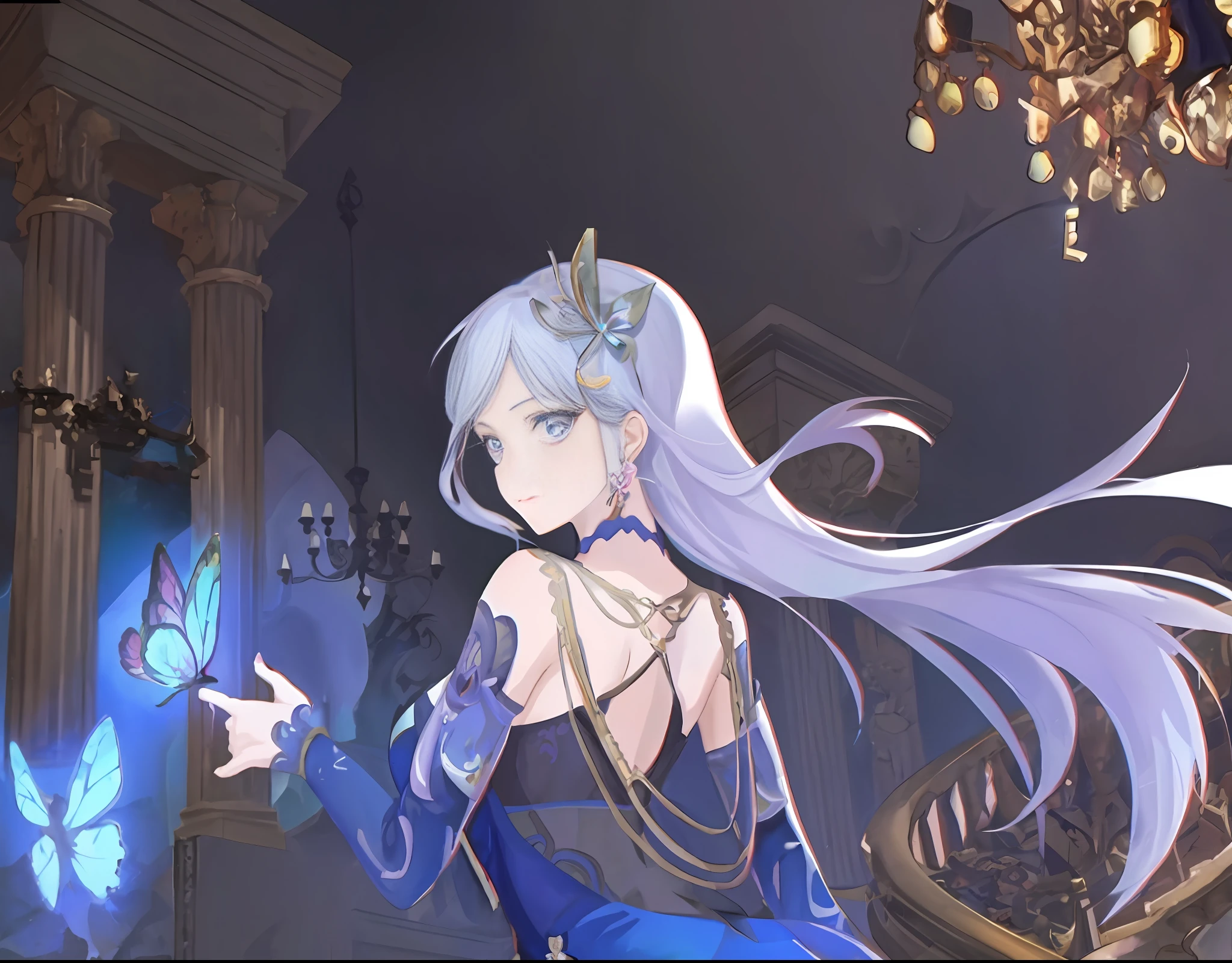 anime - style image of a woman in a blue dress holding a butterfly, anime key visual of elegant, ((a beautiful fantasy empress)), royal elegant pose, lunar themed attire, official artwork, keqing from genshin impact, high detailed official artwork, detailed key anime art, artwork in the style of guweiz, ayaka genshin impact