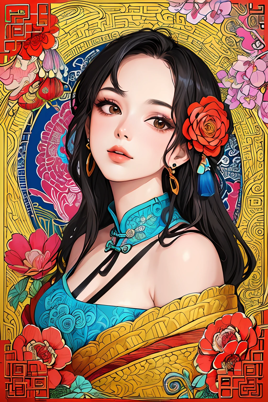 (masterpiece, top quality, best quality, official art, beautiful and aesthetic:1.2), (1girl:1.3), extremely detailed,(fractal art:1.1),(colorful:1.1)(flowers:1.3),highest detailed,(zentangle:1.2), (dynamic pose), (abstract background:1.3), (chinese Traditional cloth:1.2), (shiny skin), (many colors:1.4), ,(earrings:1.4),