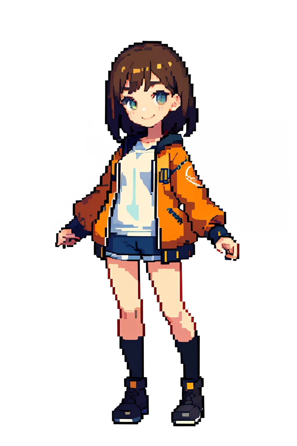 pixel, pixel art, 1girl, brown hair, brown hoodless jacket, body, smile,