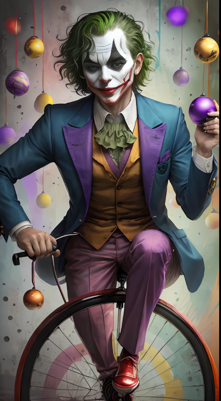 "The Joker on a unicycle, dressed in full costume, juggling colorful balls at the carnival"