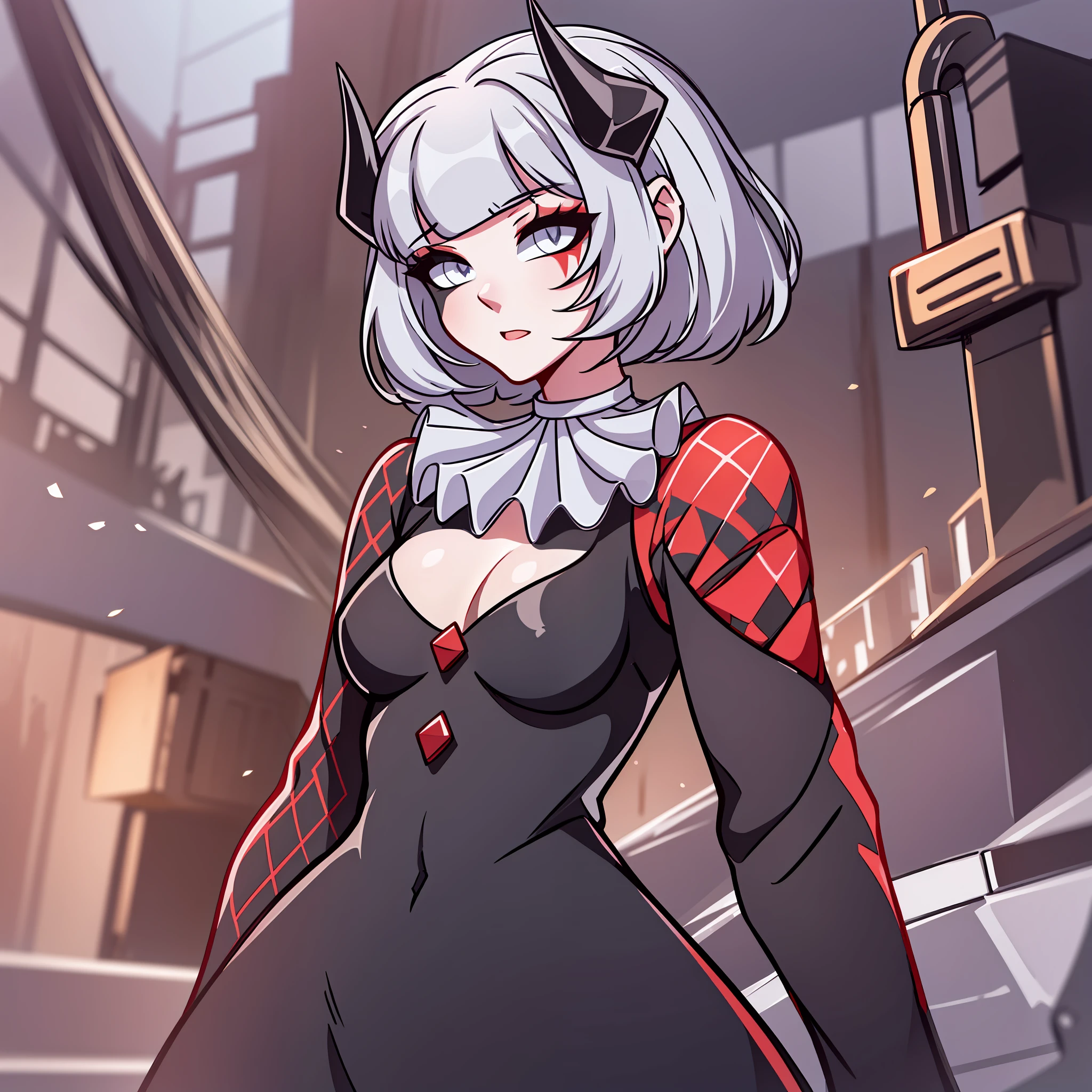 (Best quality: 1.0), (super high res: 1.0), extremely detailed character, detailed Hands, half-dragon girl, horns, scales on the neck, scales on the shoulders, scales on the forearm, scales on the cheek, woman with dragon's tail, extremely detailed hair, short hair, ((white hair)), ((black locks)), extremely detailed eyes, heterochromia, (right eye white and left being black), dragon eyes, 2d, anime art, /young, ((full body)), standing, medieval, Rpg, small breasts