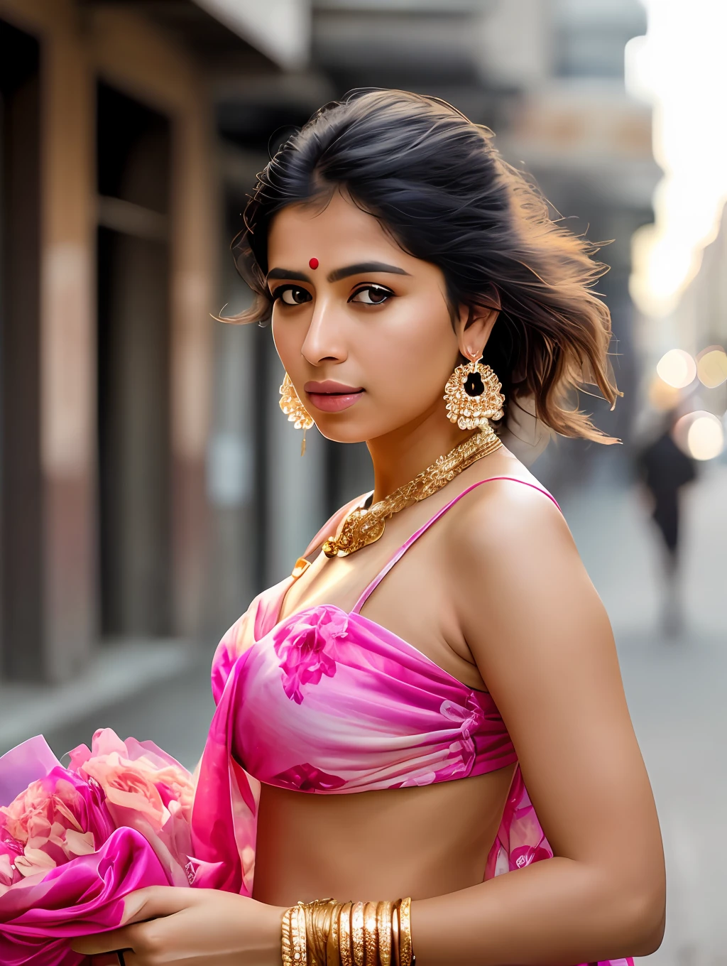 photo of a stunning beautiful Indian woman ethnicity, honey eyes, long messy windy blonde hair, flipping hair, closeup zoomed in tight crop portrait, walking down a (big city alley people cars scene:1.2) wearing a (floralgauze sarong ans Indian jewelry:1.3) (shopping bags on her hand:1.3) (Lighting-Gold:1.2) foreground objects background details (masterpiece:1.2) (photorealistic:1.2) (bokeh:1.2) (best quality) (color grading) (detailed skin:1.3) (intricate) (8k) (HDR) (cinematic lighting:1.3) (sharp focus), messy windy hair