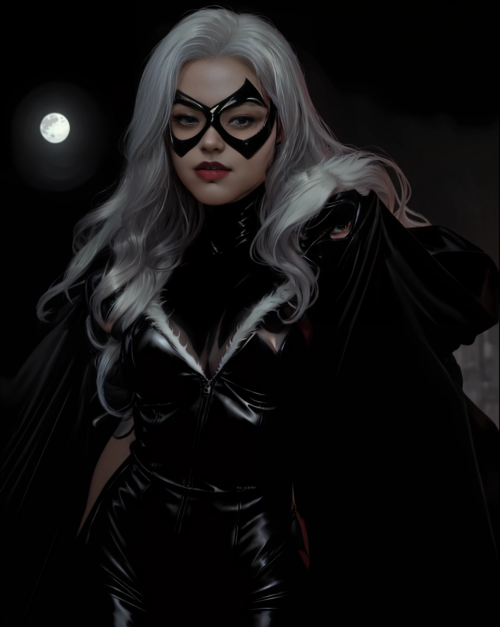 (masterpiece), realistic, HDR, highly detailed, 8k, raw photo,
occlusion of the environment, natural composition, harmonious, warm tones, art photography, Professional photography of Felicia "Black Cat" female Marvel character Sexy, white hair, wearing mask of the costume "Black Cat", in dynamic and sensual pose under the moonlight. Wearing a black latex costume with white fur. Warm body, detailed face, realistic, highly detailed, large breasts, glowing skin