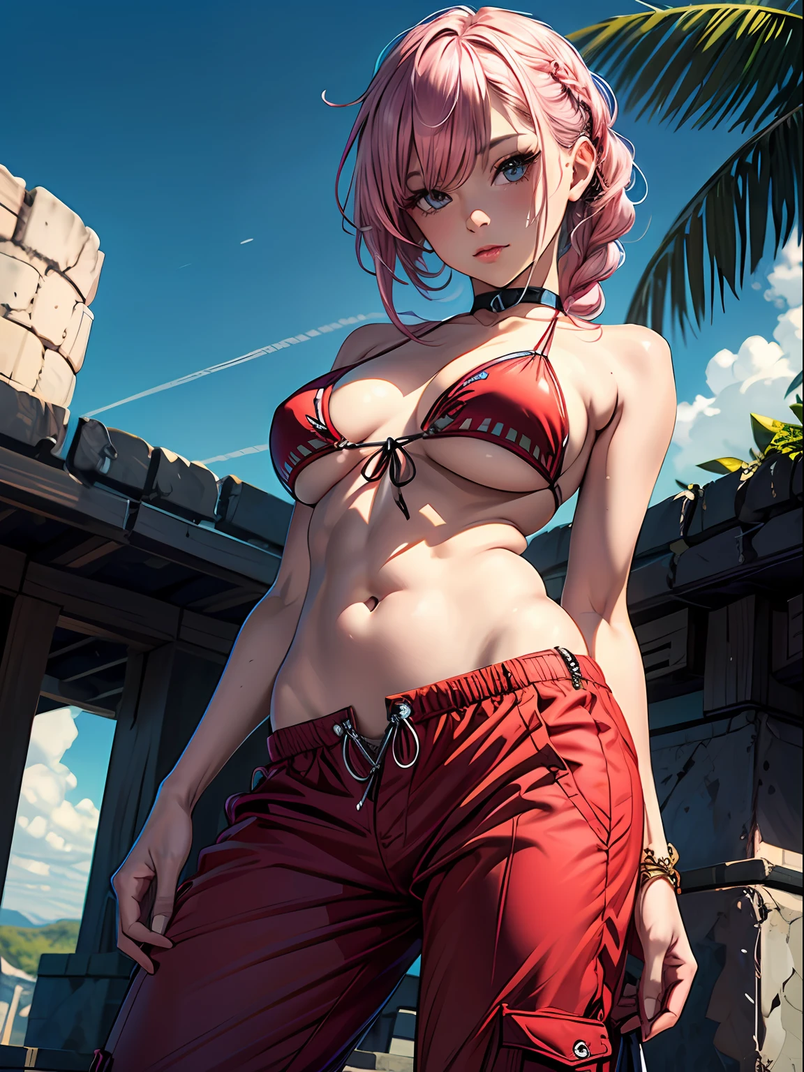 (masterpiece, best quality), 1girl, (seductive smirk:0.75), upper body, looking at viewer, side tied bikini top, ((pubis, groin, crotch)), braid, (((pants pull))), choker, pink hair, wide hips,