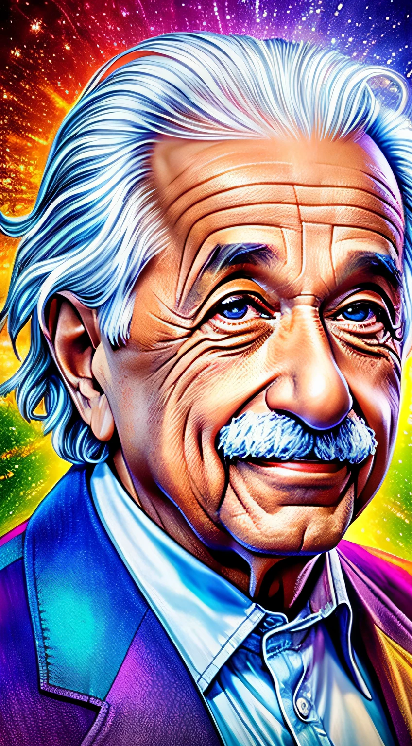 Old male, 1man, very Albert Einstein, very big smile, front look, portrait, colorful, 4k, high-res, masterpiece, best quality, sharp focus, cinematic lighting --auto --s2