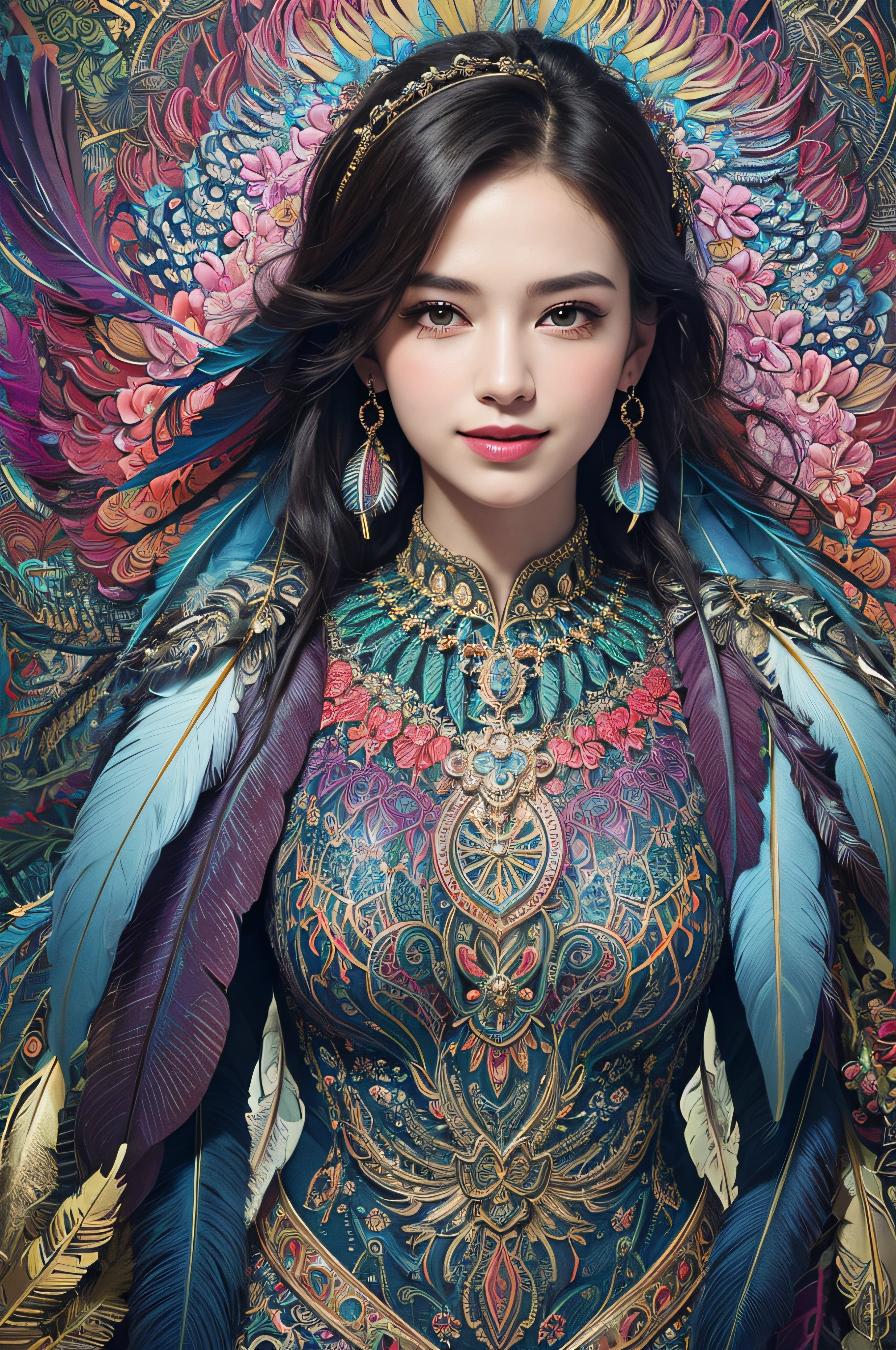 (masterpiece, top quality, best quality, official art, beautiful and aesthetic:1.2), (1girl:1.3), smiling, extremely detailed,(fractal art:1.1),(colorful:1.1)(flowers:1.3),highest detailed,(zentangle:1.2), full body, (abstract background:1.3), (shiny skin), (many colors:1.4), ,(earrings), (feathers:1.5),