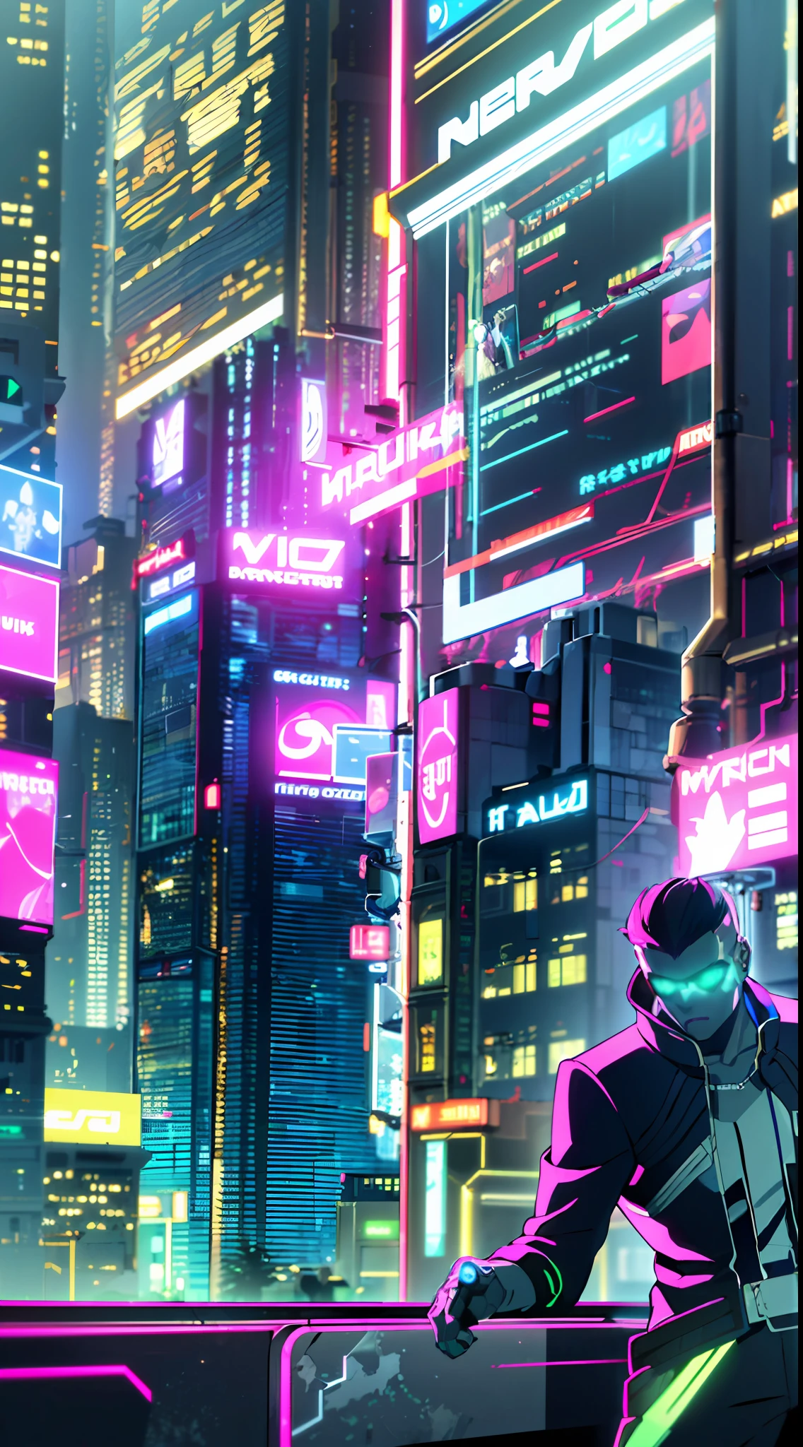 (masterpiece, detailed, high resolution:1.4), cyberpunk, cyberpunk 2077, cyberpunk night city cyberpunk background, metal cybernetic silver hand in the foreground in the frame, green-blue glitch effect around the hand, purple-pink neon glow, man, cyborg