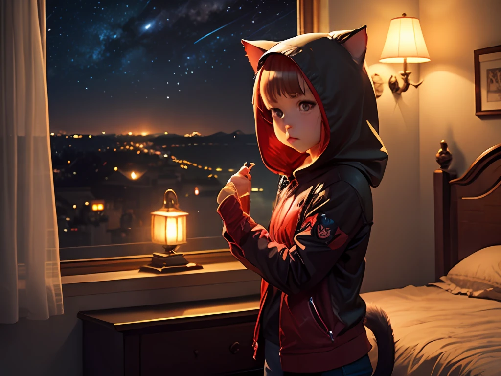 Night, Midnight, Starry Sky, Bedroom, Standing, Girl, Red Hood, Girl, Cat-eared Girl, Tail Girl --auto