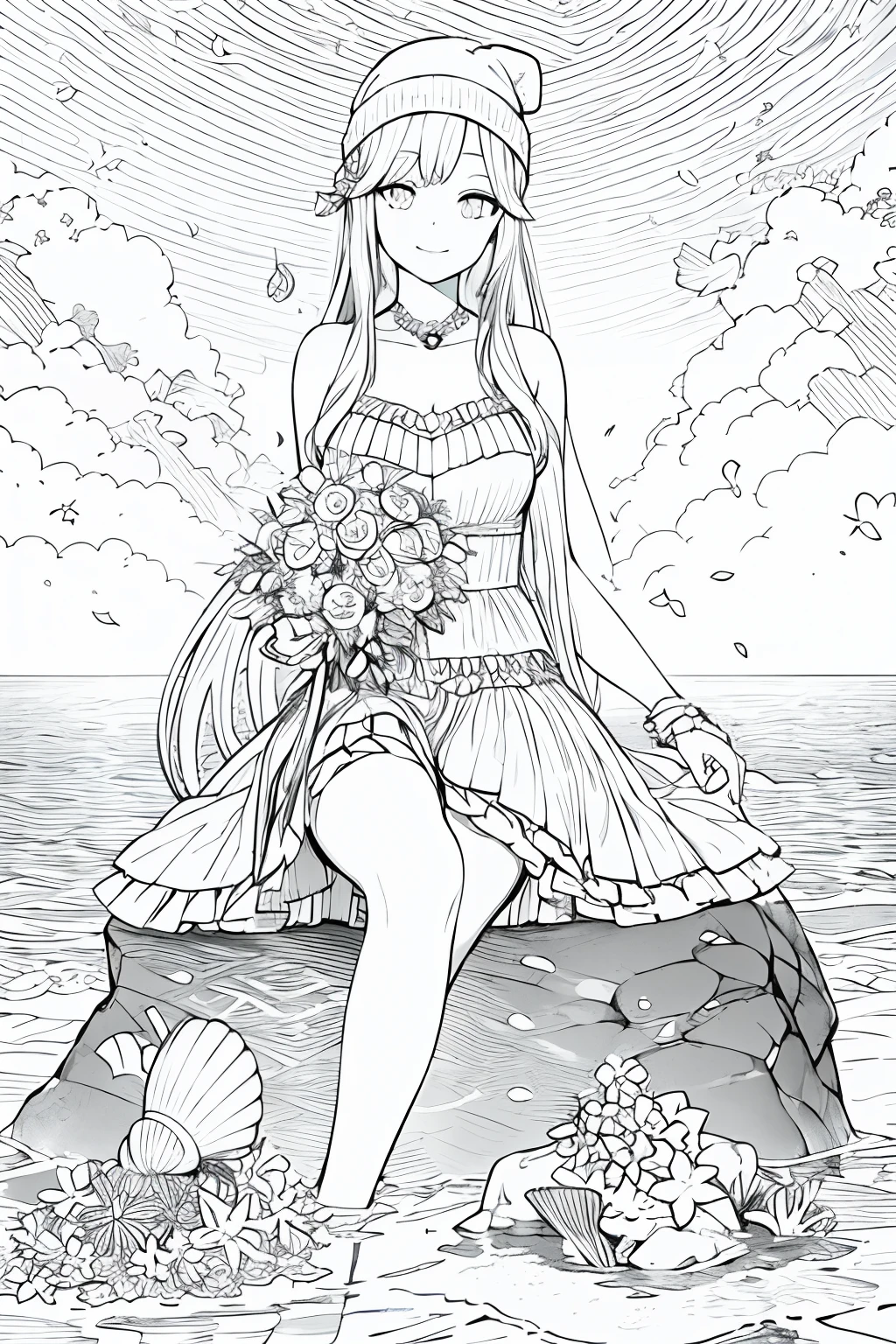 masterpiece, best quality, 1mermaid, sitting on top of beautiful rock in the sea, long hair, Looking_at_viewer, smile, bangs, ,seashell bikini, hair_flower sleeves, Holding_flower, center_frills, beanie, Holding_bouquet ,, lineart, monochrome , with all the beauty of the ocean