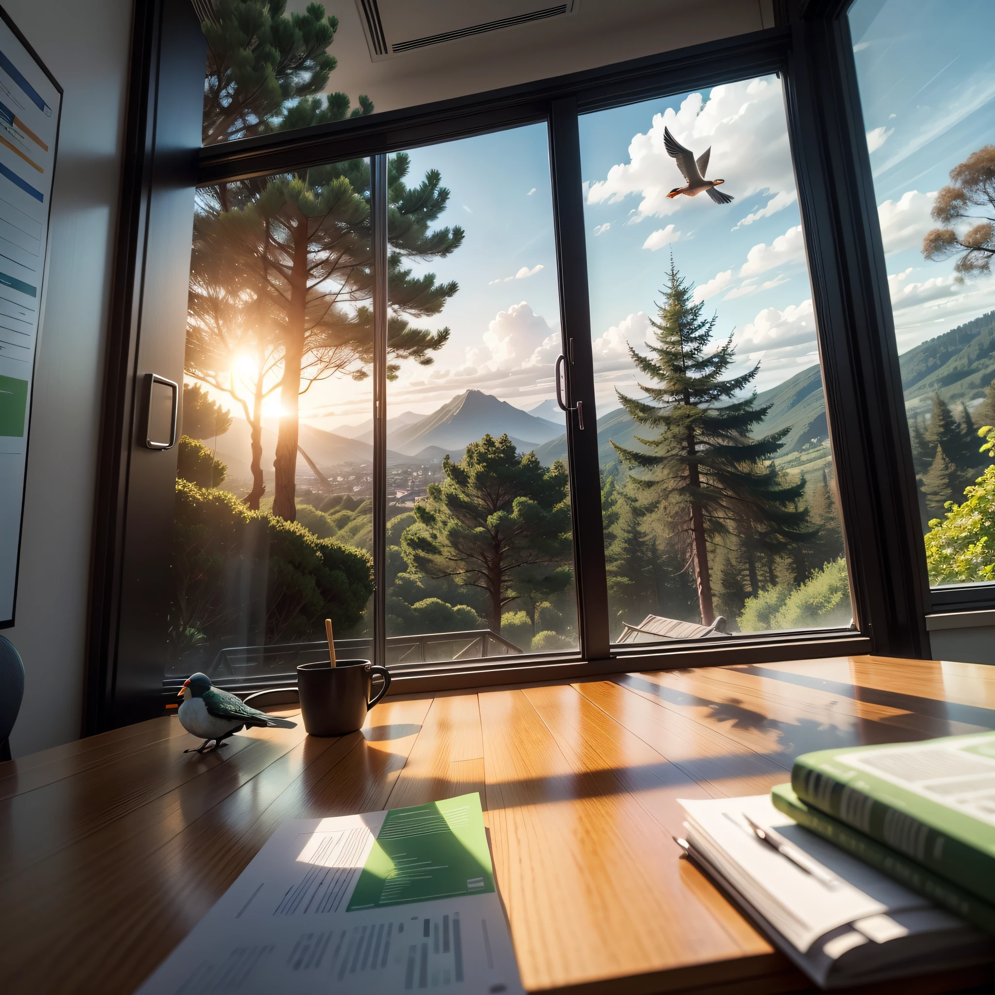 In a meeting room of a large company, employees meet to discuss recruitment and selection strategies, at the back of the room a window, giving landscape to a large hill, a green stick with birds in the trees --auto