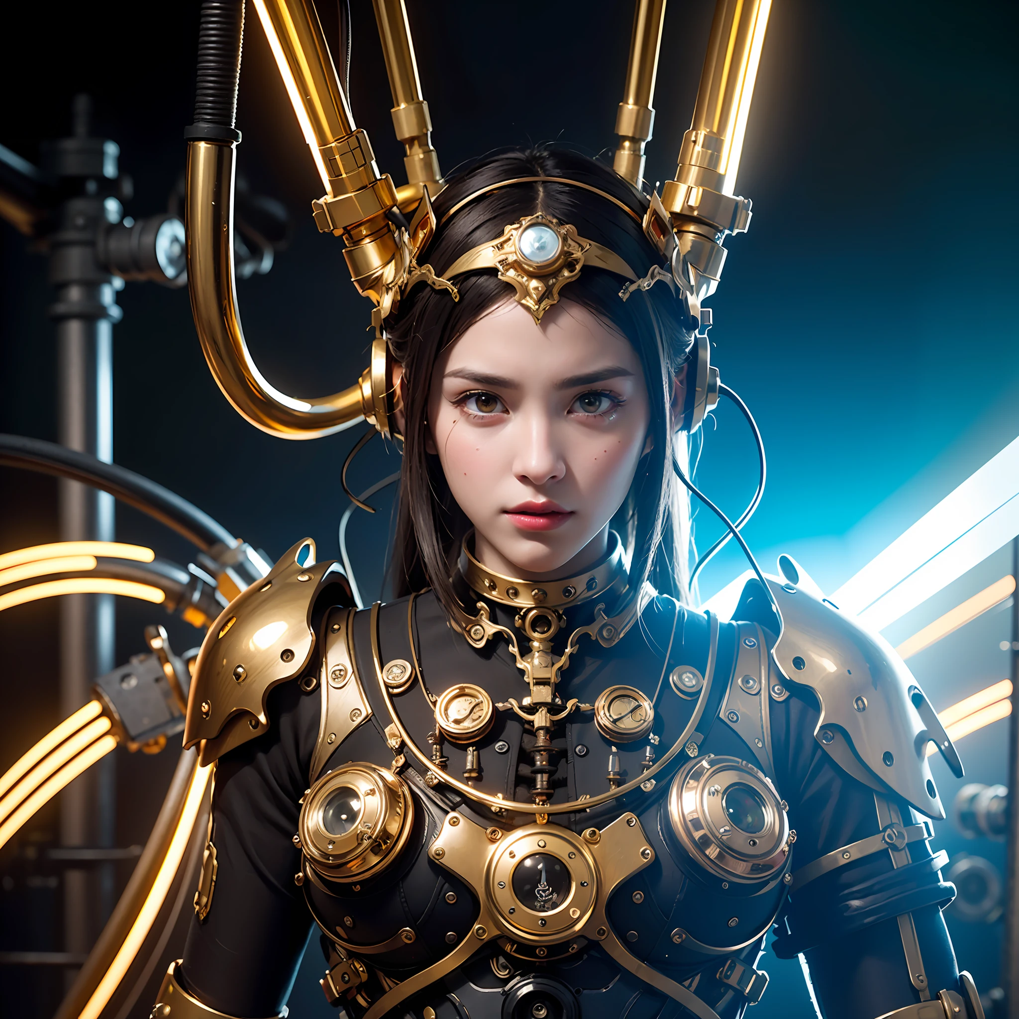 High degree of craftsmanship and quality assurance, masterpieces in the hands of top masters, extremely detailed and clear image resolution, rendered with camera-like realism, inspired by real photographs ( a mechanical girl), highly realistic details, as commemorative images, panoramic lighting effects, fine and accurate shadow representation, using advanced octane rendering technology, up to 8K resolution, extremely sharp and clear lines and details, spectacular and grand narrative, showing vivid skin details, performance of metallic materials, Fine and intricate decorative details, Steampunk style details, Depiction of details such as vacuum tubes, liquid tubes, oil pressure gauges, glass tubes, analog instruments, etc., Highlighting the details and movements of gears, Performance of gold hydraulic cylinders, Highly complex and detailed depiction, Realistic lighting effects, Following current trends in CG technology, Eyes glowing, Facing the gaze of the audience, Detailed depiction of neon details, Depiction of mechanized body parts, Depiction of blood vessels connected to catheters, Depiction of mechanized spine attached to the back, depicting a mechanical attachment attached to the neck, Presenting a sitting position, depicting wires and cables connected to the head,