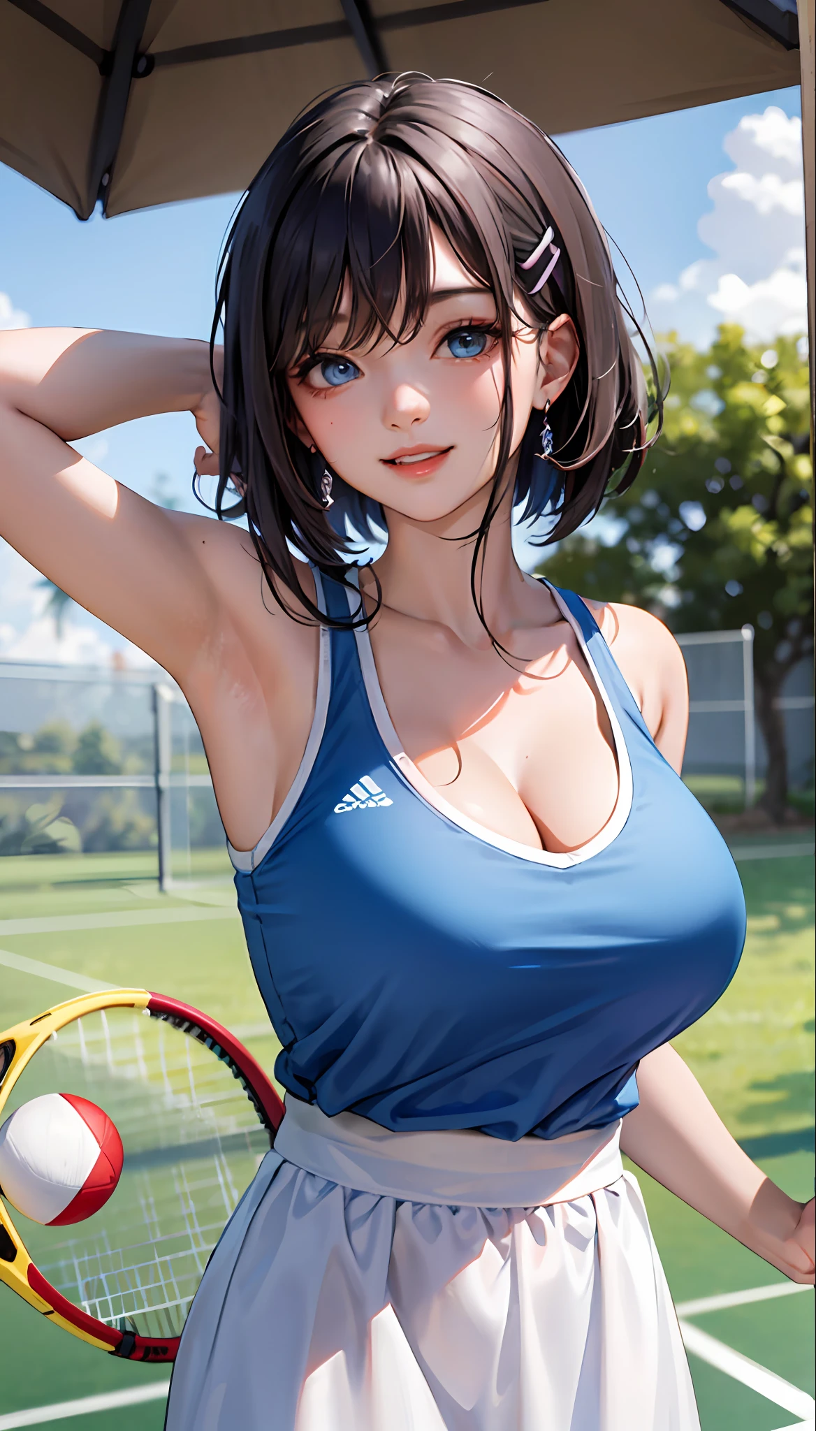 (Masterpiece,: 1.2, Best Quality),(1 Lady, Solo, Upper Body: 1.2) Short dark blue hair, clothing: jersey, short blue shoulder-length hair, exposed breasts Accessories: Hairpins, badminton rackets Hair: Short blue shoulder-length hair Makeup: natural, glowing skin, Behavior: relaxed, carefree, free-spirited, jumpy, smiling Location: Badminton court, blue eyes, very huge breasts, short blue shoulder-length hair
