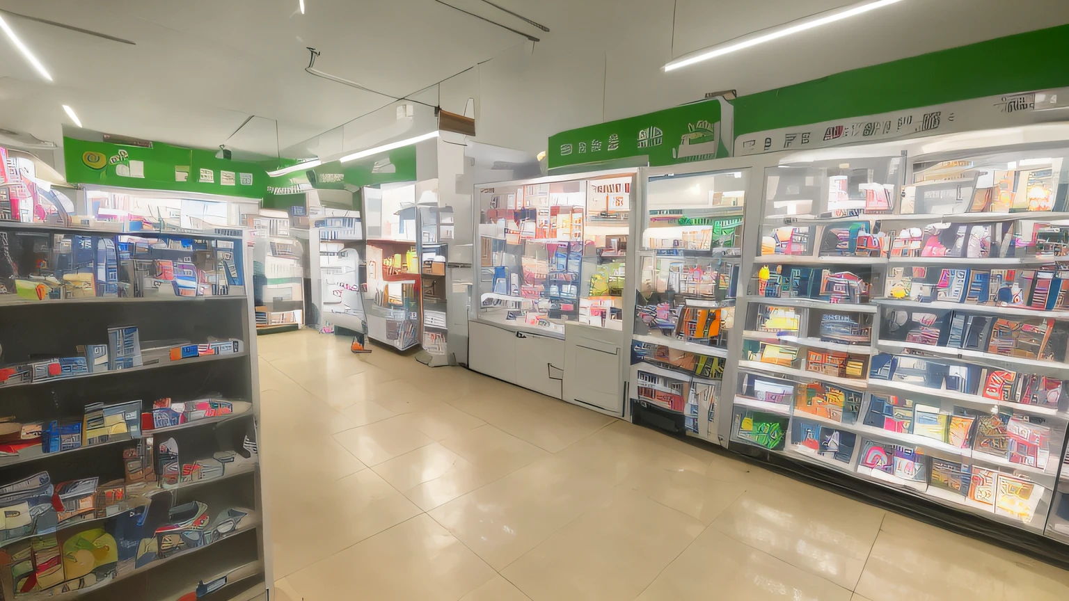 there are many shelves of various kinds of goods in a store, convenience store, vending machine, vending machines, electronic case display, product display, negao, jinyiwei, store, shenzhen, a wide full shot, high-tech environment, 2 0 2 2 photo, nanquan, zhuoxin ye, su fu, qiangshu, diaper disposal factory