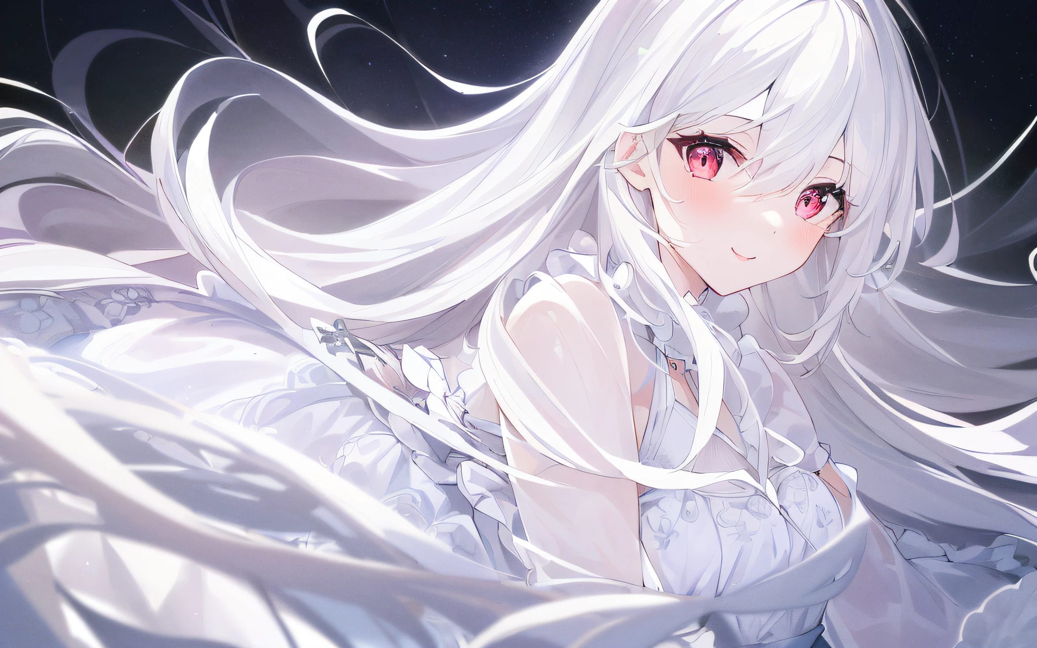 1girl, full body, denim photo, (Rembrandt), illustration, (masterpiece), (best quality), (ultra_detailed), finely detail, (Depth of field), gloves, long hair, star\ (symbol\), looking at viewer, (Silver hair:1.2), red eyes, upper body, hair ornament, :p, frills, pink shirt, smile, sleeveless, shirt, idol, symbol-shaped pupils, hands up, brags smile, sleeveless, shirt, idol, hands up, bangs, side up, arms up, skirt pulling, roaring twenties, isometric, seen from above, sky, flowers, cliffs,
