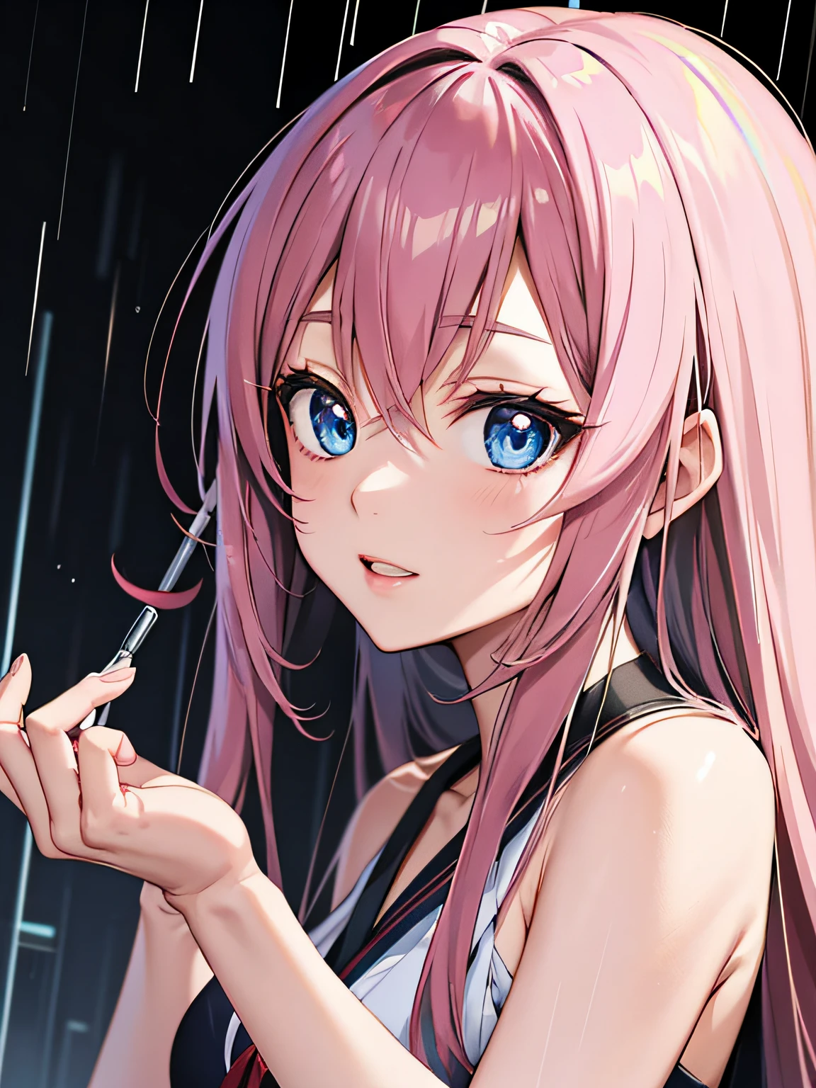 Anime girl with pink hair and blue eyes in the rain, anime style 4 K, anime art wallpaper 4 K, anime art wallpaper 4k, anime art wallpaper 8 k, anime wallpaper 4 k, anime wallpaper 4k, beautiful anime portrait, anime style portrait, digital anime art, 4k anime wallpaper, digital art Ilya Kuvhinov, portrait anime girl