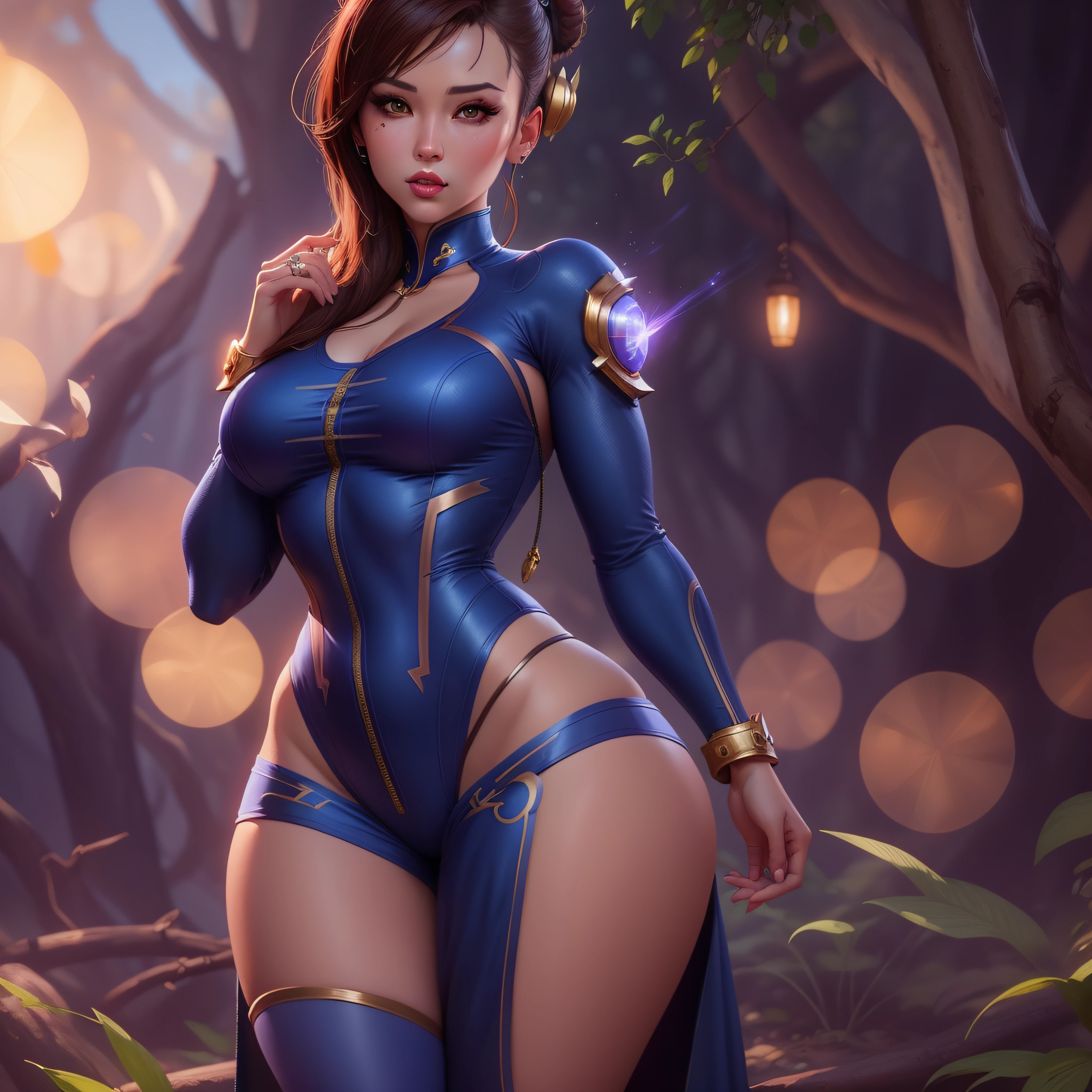 a close up of a woman in a blue costume posing in a forest, portrait of chun - li, extremely detailed artgerm, fanart best artstation, portrait of chun li, wlop glossy skin, chun li, chun - li, chun-li, 8k high quality detailed art, artstation masterpiece, wlop art, smooth digital concept art