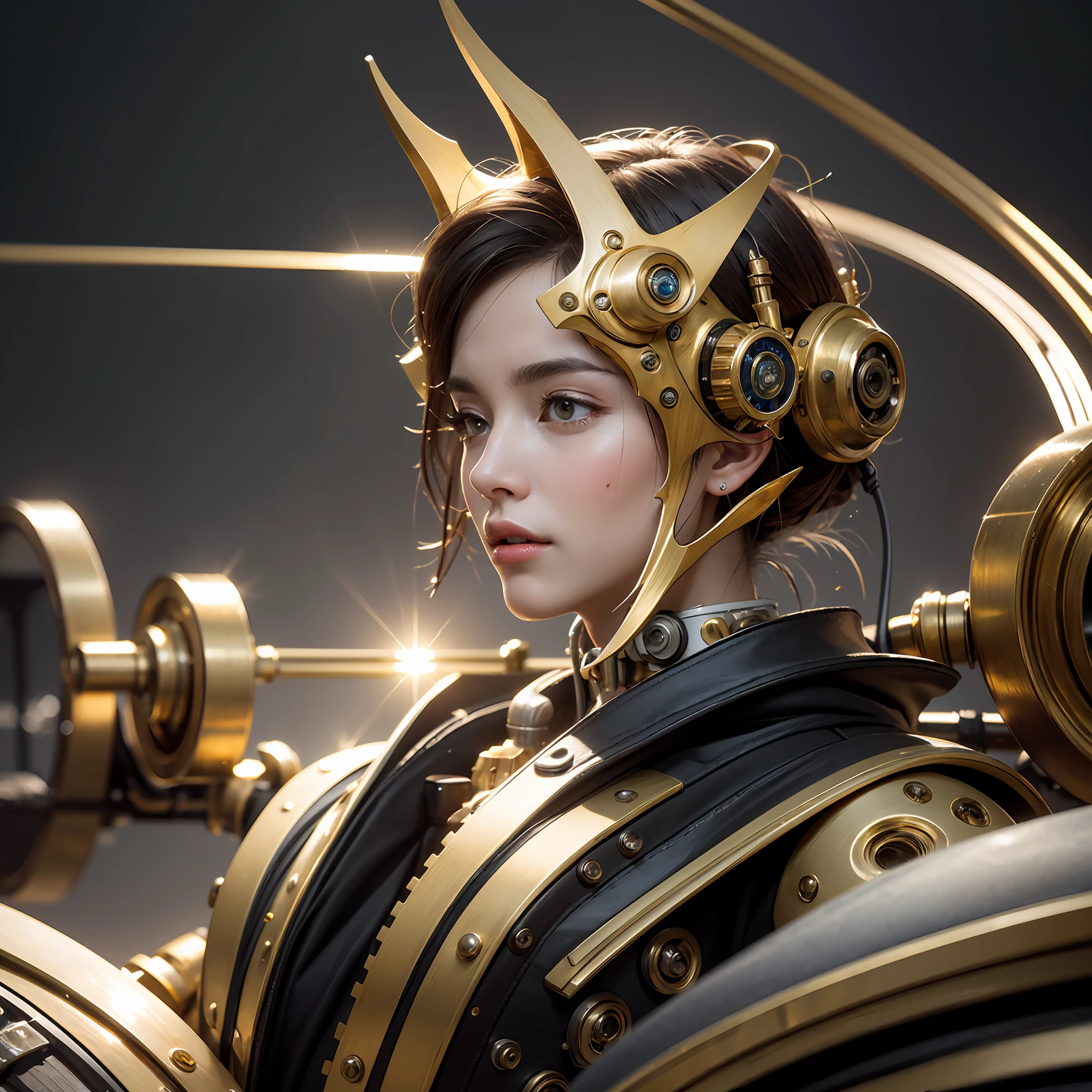 High degree of craftsmanship and quality assurance, masterpieces in the hands of top masters, extremely detailed and clear image resolution, rendered with camera-like realism, inspired by real photographs ( a mechanical girl), highly realistic details, as commemorative images, panoramic lighting effects, fine and accurate shadow representation, using advanced octane rendering technology, up to 8K resolution, extremely sharp and clear lines and details, spectacular and grand narrative, showing vivid skin details, performance of metallic materials, Fine and intricate decorative details, Steampunk style details, Depiction of details such as vacuum tubes, liquid tubes, oil pressure gauges, glass tubes, analog instruments, etc., Highlighting the details and movements of gears, Performance of gold hydraulic cylinders, Highly complex and detailed depiction, Realistic lighting effects, Following current trends in CG technology, Eyes glowing, Facing the gaze of the audience, Detailed depiction of neon details, Depiction of mechanized body parts, Depiction of blood vessels connected to catheters, Depiction of mechanized spine attached to the back, depicting a mechanical attachment attached to the neck, Presenting a sitting position, depicting wires and cables connected to the head,