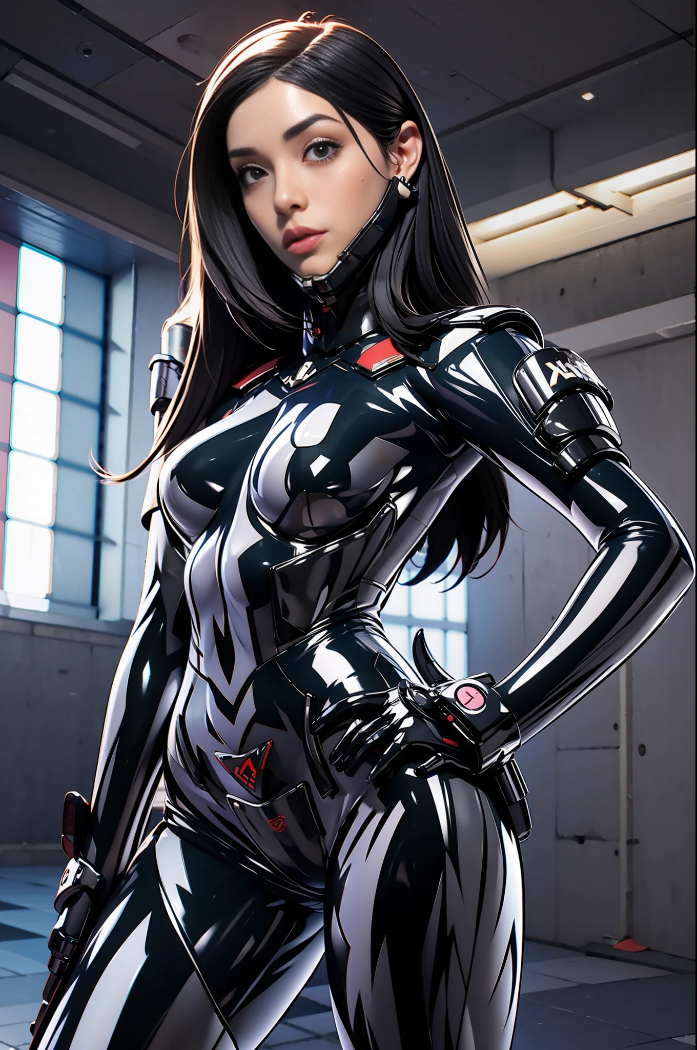 solo, super fine photo, portrait Unreal Engine 5 8K UHD of upper half body of a girl in a skin tight latex catsuit, slick black catsuit, black iconic character, smooth black skin, black body, PVC, glossy latex suit, rubber suit, rubber glove, high boots, best quality, masterpiece, official art, unified 8k wallpaper, super detailed, sharp focus, girl and sexy pose, body parts