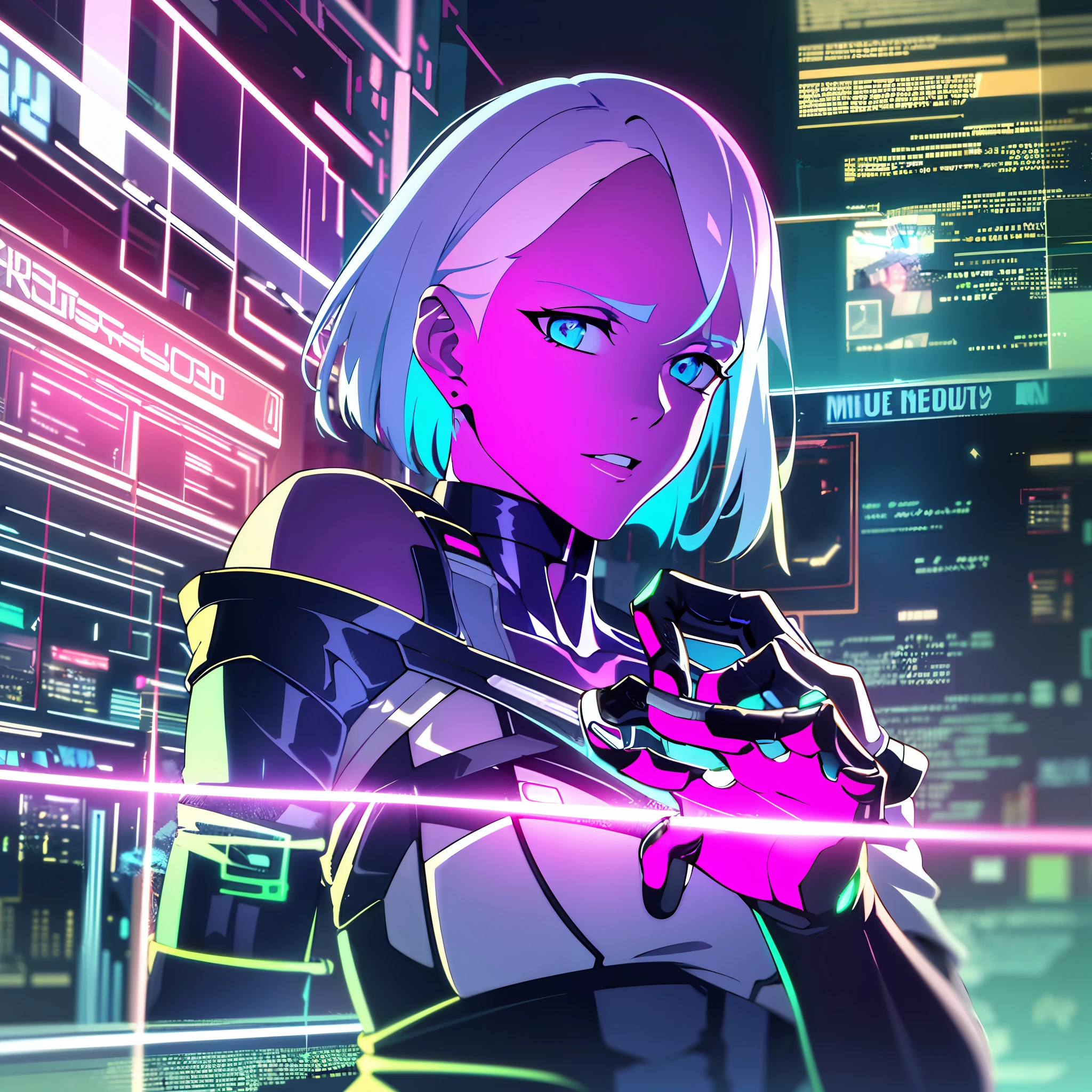 (masterpiece, detailed, high resolution:1.4), cyberpunk, cyberpunk 2077, cyberpunk night city cyberpunk background, metal cybernetic silver hand in the foreground in the frame, green and blue glitch effect around the hand, purple-pink neon glow, Lucy