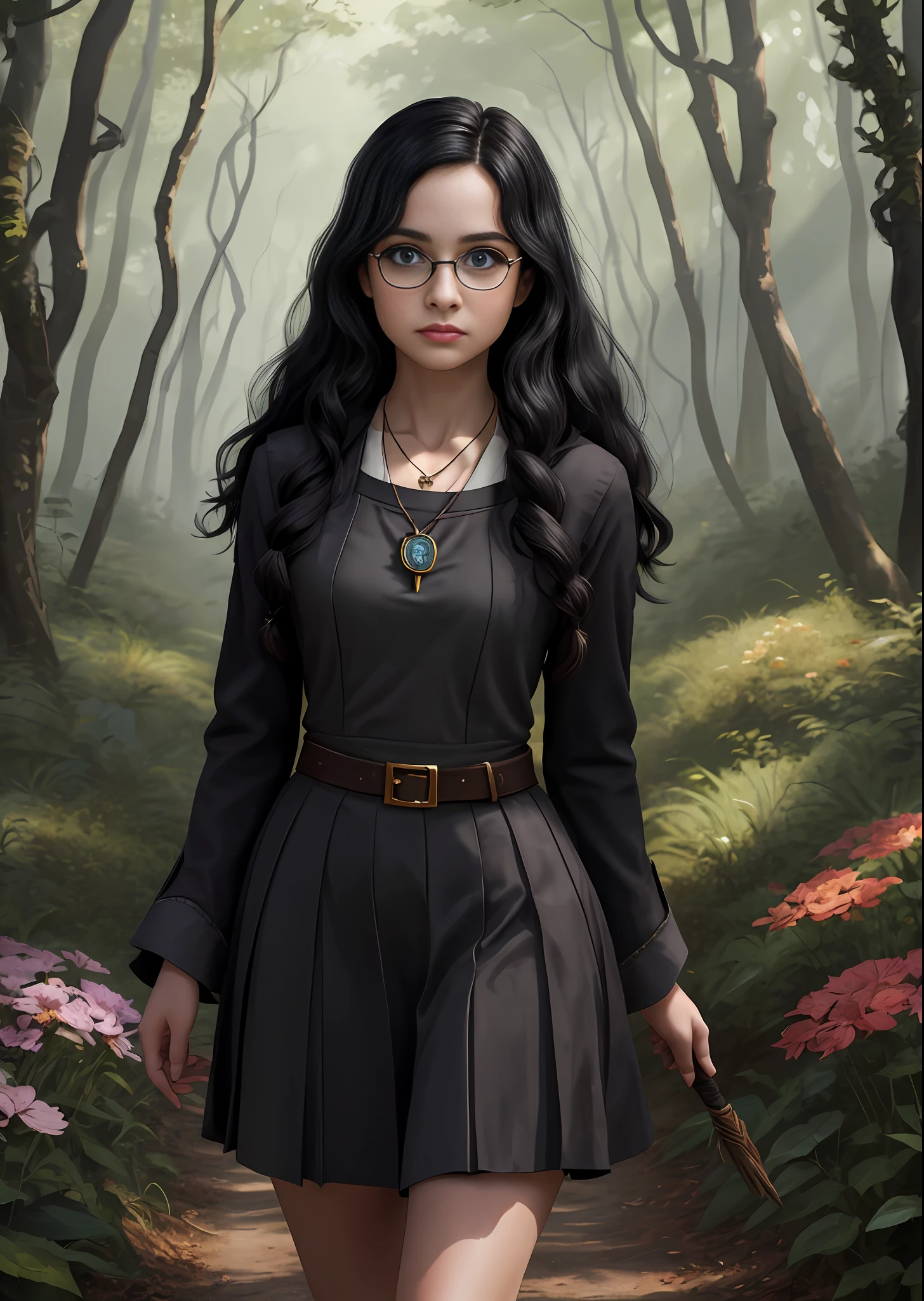((Solo)), feminine, long black hair, blue eyes, in Gryffindor Dr Harry Potter uniform, confident and grey look, glasses, little heart necklace, large thighs, medium breasts, walking through the forest full of flowers, in the background Hogwarts, holding a wand,