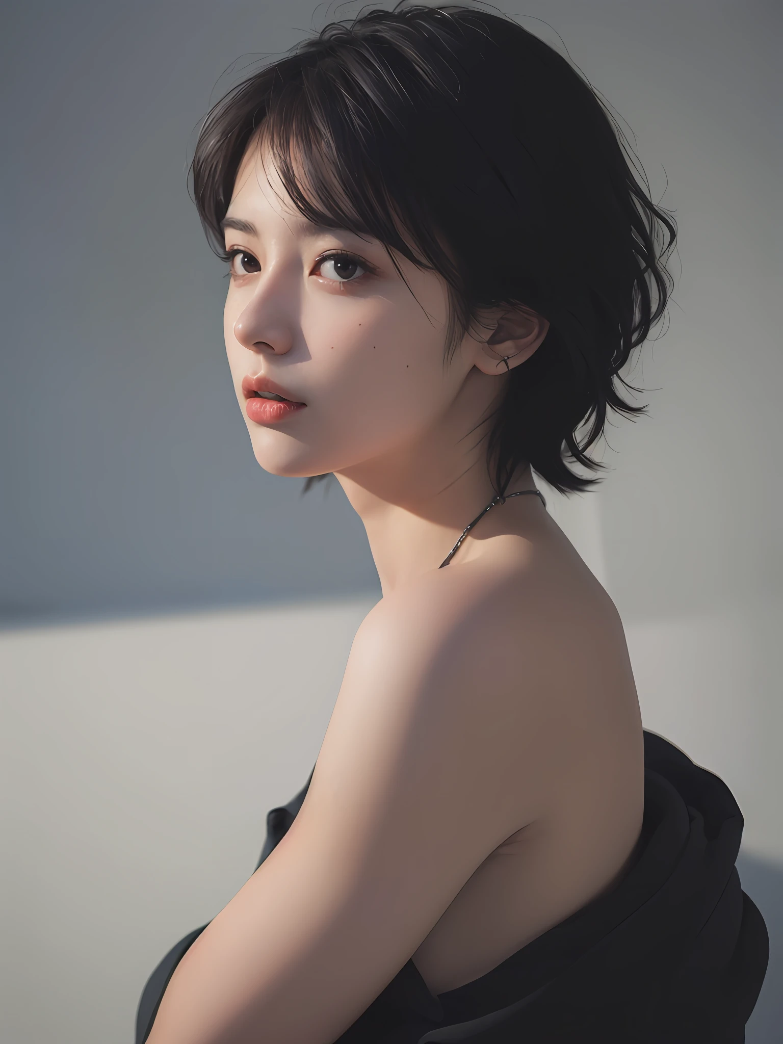 Best quality, masterpiece, ultra high res, (photorealistic:1.5), raw photo, 1girl, offshoulder, in the dark, deep shadow, low key, cold light, sexy look, short hair