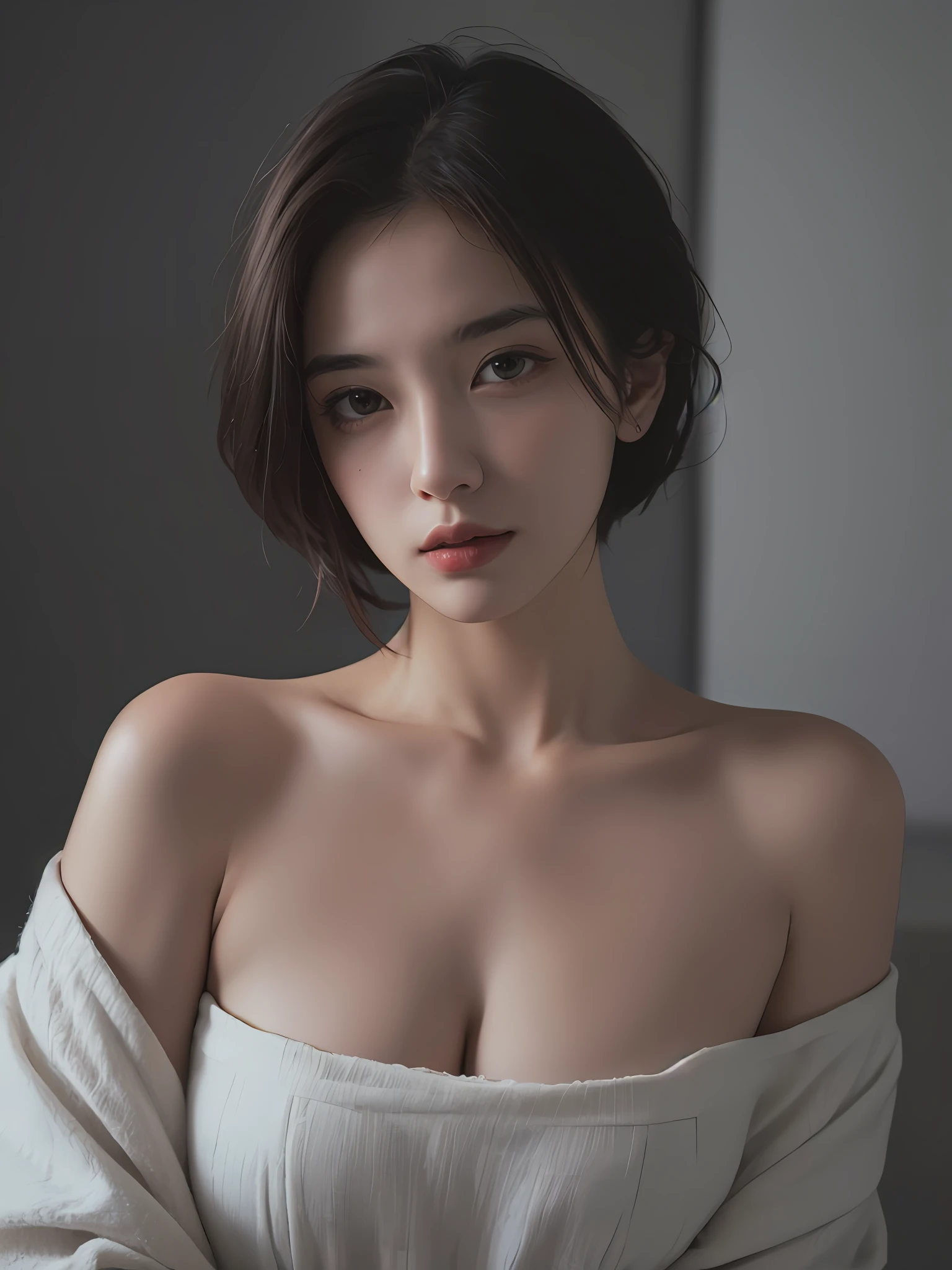 Best quality, masterpiece, ultra high res, (photorealistic:1.5), raw photo, 1girl, offshoulder, in the dark, deep shadow, low key, cold light, sexy look, short hair
