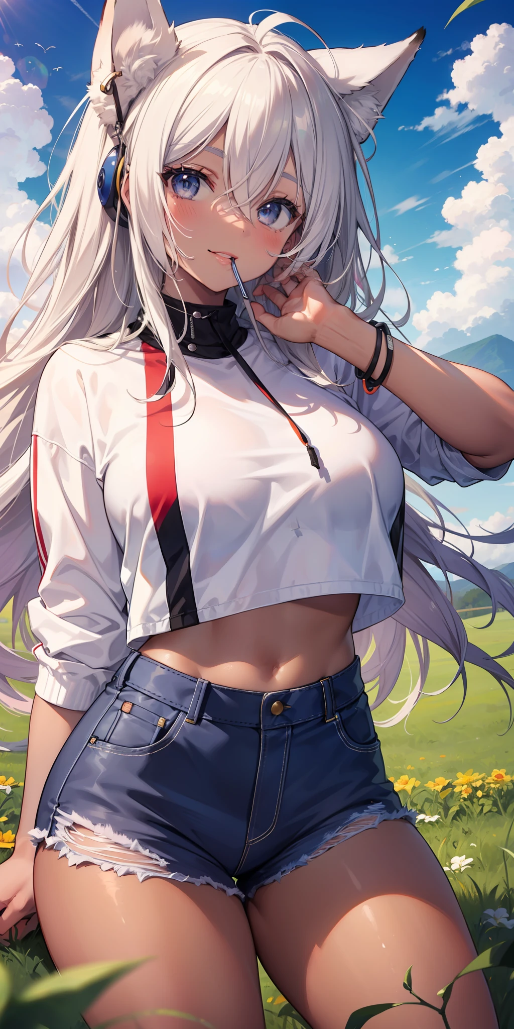 ((masterpiece)), ((best quality)), girl, dark skin tone, eyes, very long straight hair, dyed on the back of the head, ((hair highlights effect)), ((hair between the eyes)), sweatshirt short, short shorts, white sneakers, medium breasts, neck accessory, eyebrow, ((fox ear)), ((perfect)), ((mouth)), ((lips)), ((smile)), ( (happy expression)), thin waist, big breasts, thick legs, big thigh, background scenery, on green field, blue sky, clouds, sun, mountain in background, beautiful day, pov, looking at viewer, blushing, lustful ,
