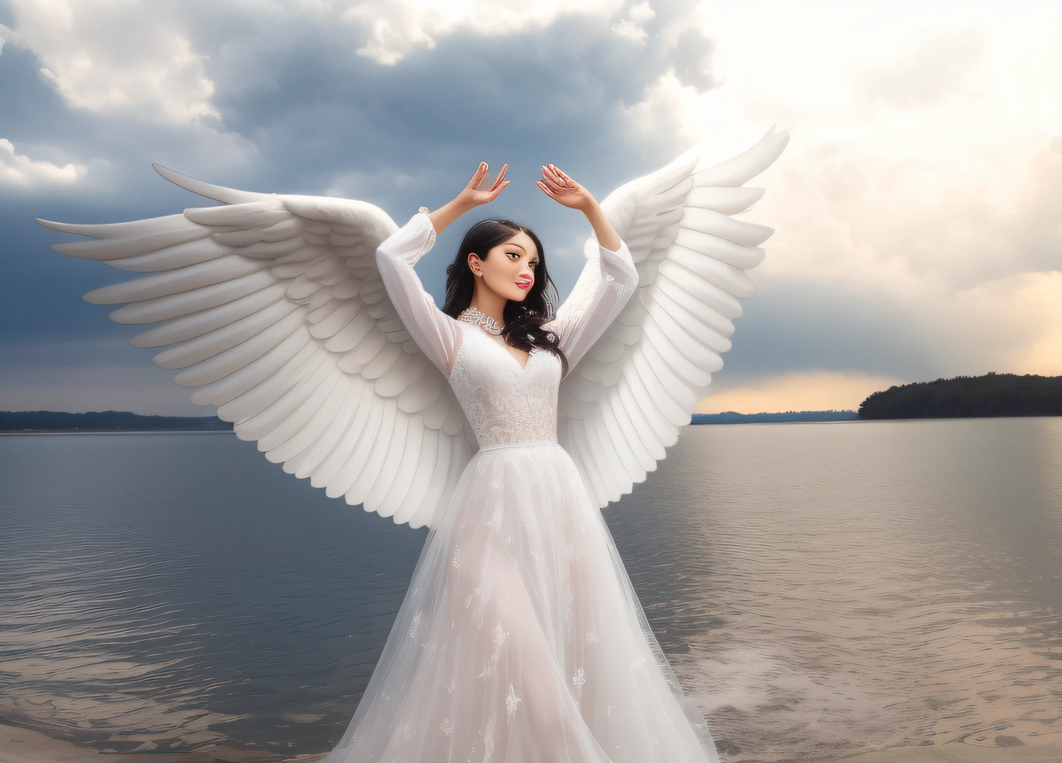 arafed woman in a white dress with wings outstretched in front of a body of water, with beautiful wings, full - body majestic angel, ophanim has bird wings, spreading her wings, with wings, girl with angel wings, angelic wings on her back, with real wings, ethereal wings, of an beautiful angel girl, angelic wings, beautiful female angel