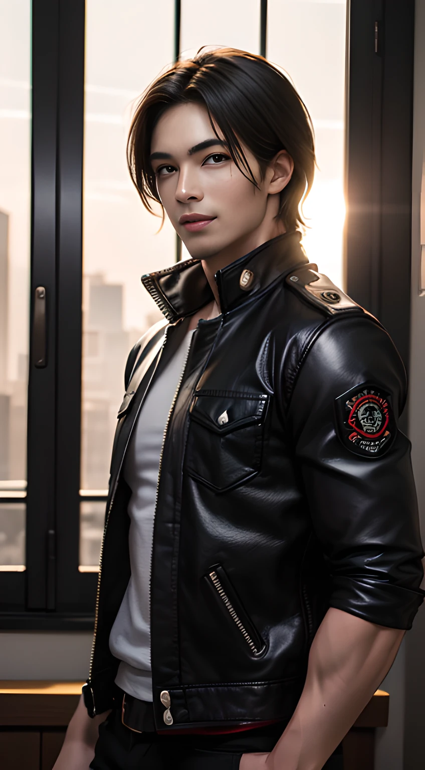 Black handsome muscular man who looks like Leon kennedy of Resident Evil, mischievous smile, (small details: 1 in 1), natural muscles, higher quality, beautiful eye, (Detailed face and eyes), (face、: 1 of 2), noise, real pictures、... ...PSD, Sharp Focus, High Resolution 8k, Real & Professional Photography, 8K UHD, Soft Lighting, High Quality, Film Grain, FUJIFILM XT3