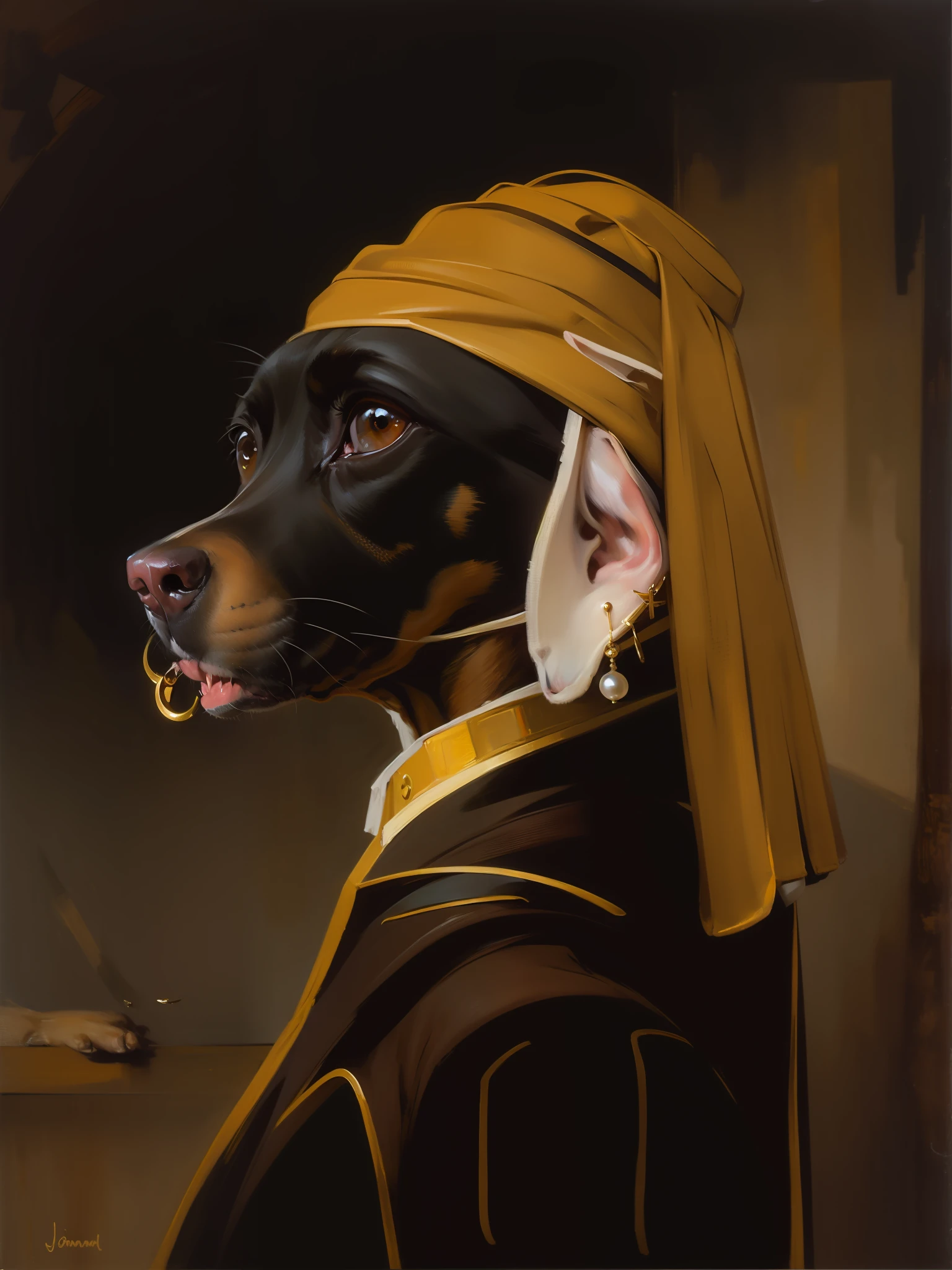 Masterpiece, highest quality, HD, 8k, oil painting by Johannes Vermeer, "The Maiden with Pearl Earrings", detailed details, detailed facial features, (dog's face: 1.2), with pearl earrings on the ears